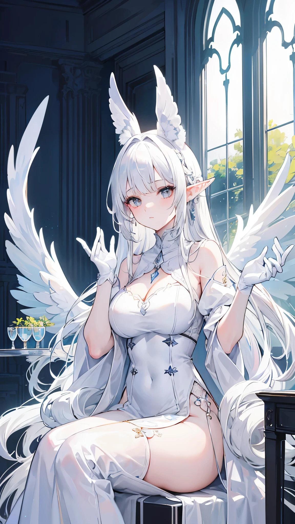 Rusticcore, contest winner, pixiv, Disgusting a white haired elf woman with wings and jewels on her head and chest, wearing a white dress with silver wings and a silver collar, (Charlie Bowater:0.158) , (Yoshitaka Amano:0.073) , (a character portrait:0.265) , (whiteglovefantasy art:0.457) and Seaweed, extremely beautiful, Analytical Art, 8K, best quality, DayGlo orange dust particles, dslr, anaglyph effect