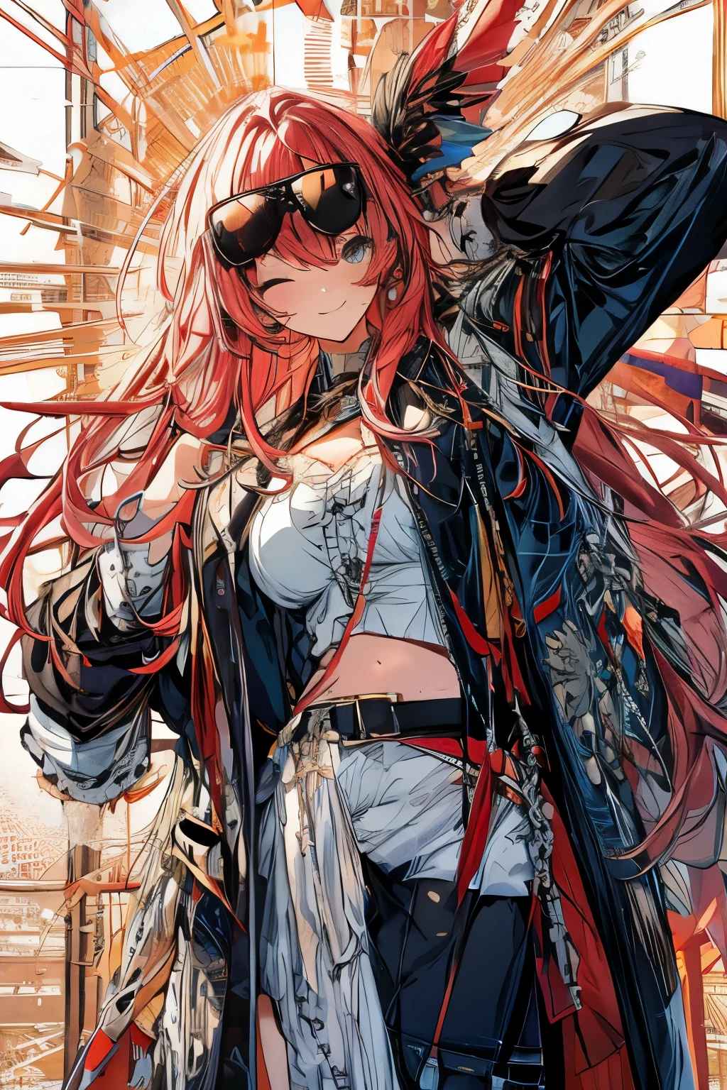 anime girl risque outfit yet cover skin, posing for photoshoot, masterpiece, best quality, high quality, wearing sunglasses near nose, one eye open, smiling