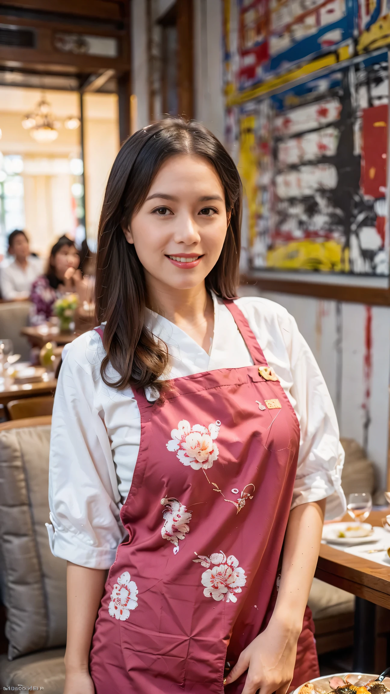 （Super fine，fidelity：1.37），portrait，Chinese restaurant owner，black hair，brown eyes，delicate lips，Put on an apron，confident smile，Neat appearance，Chinese traditional spring clothing，floral pattern，Standing in a brightly lit restaurant，antique wooden furniture，Elaborately carved decoration，Chinese traditional elements，Beautifully painted porcelain plates and teapots，Authentic Chinese cuisine，Vibrant color palette，Defocused lights in the background create a warm and inviting atmosphere