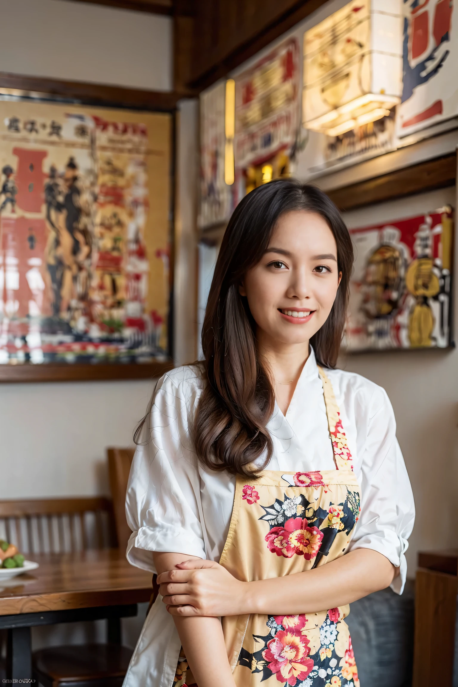 （Super fine，fidelity：1.37），portrait，Chinese restaurant owner，black hair，brown eyes，delicate lips，Put on an apron，confident smile，Neat appearance，Chinese traditional spring clothing，floral pattern，Standing in a brightly lit restaurant，antique wooden furniture，Elaborately carved decoration，Chinese traditional elements，Beautifully painted porcelain plates and teapots，Authentic Chinese cuisine，Vibrant color palette，Defocused lights in the background create a warm and inviting atmosphere