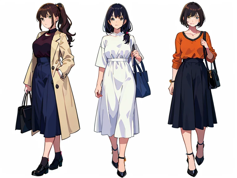(((Best Quality))) , 4 women, multiple views, white background, variety of hairstyles, autumn outfits, holding bag, walk pose, holding smart phone, looking at another, dark blue/dark orange/dark green/dark violet/brown/white, 
