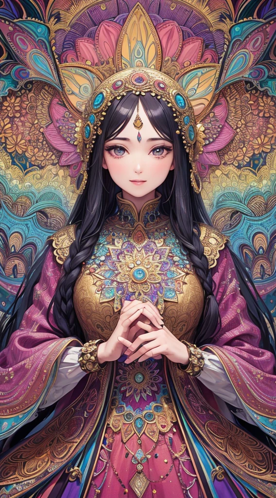 (masterpiece, top quality, best quality, official art, beautiful and aesthetic:1.2), (1girl:1.3), extremely detailed,(fractal art:1.2),colorful,highest detailed,(zentangle:1.2), (dynamic pose), (abstract background:1.5), (treditional dress:1.2), (shiny skin), (many colors:1.4), upper body