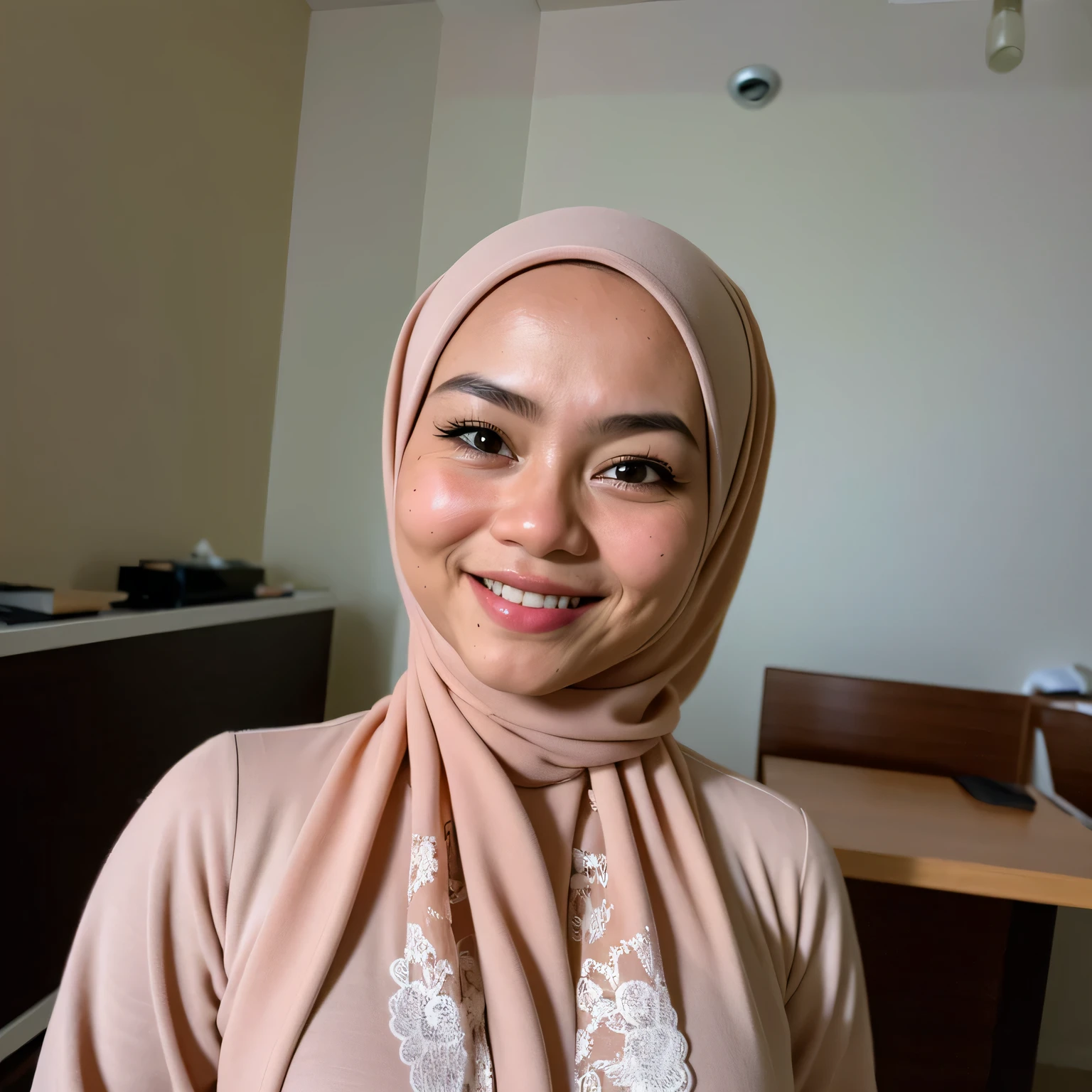 1 malay girl , modern plain white hijab, smile, medium portrait shot , watery eyes , wear black lingerie , white modern hotel bedroom background, bright front light, breast grab pose,
