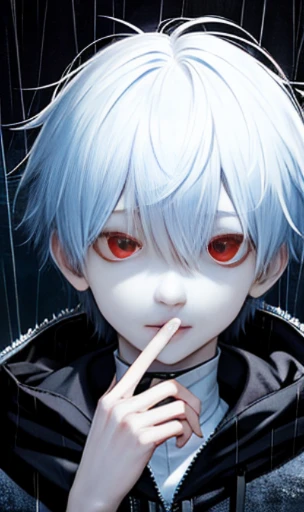 moon, highest quality, Learn more, mastery, 1 boy, kaneki ken, portrait, male focus, red eyes, alone, bangs, looking at the viewer, hood, short hair, rain, Tokyo Tokyo \(city\), hijab slut,nail polish,white hair,luxury,8K,detailed,ray tracing,Depth of bounds written,movie lighting,