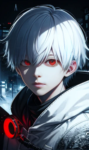 moon, highest quality, Learn more, mastery, 1 boy, kaneki ken, portrait, male focus, red eyes, alone, bangs, looking at the viewer, hood, short hair, rain, Tokyo Tokyo \(city\), hijab slut,nail polish,white hair,luxury,8K,detailed,ray tracing,Depth of bounds written,movie lighting,