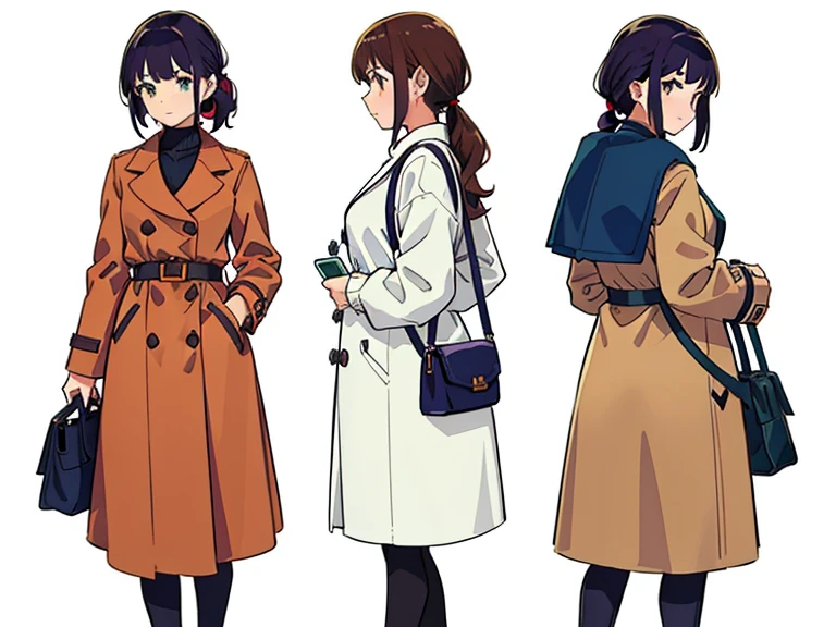 (((Best Quality))) , 4 women, multiple views, white background, variety of hairstyles, autumn outfits, coat, holding bag, walk pose, holding smart phone, looking at another, dark blue/dark orange/dark green/dark violet/brown/white,