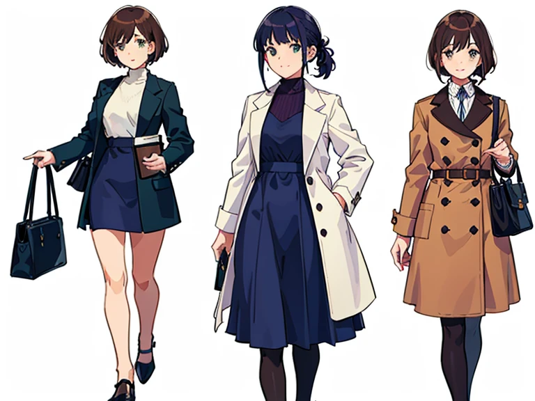 (((Best Quality))) , 4 women, multiple views, white background, variety of hairstyles, autumn outfits, coat, holding bag, walk pose, holding smart phone, looking at another, dark blue/dark orange/dark green/dark violet/brown/white,