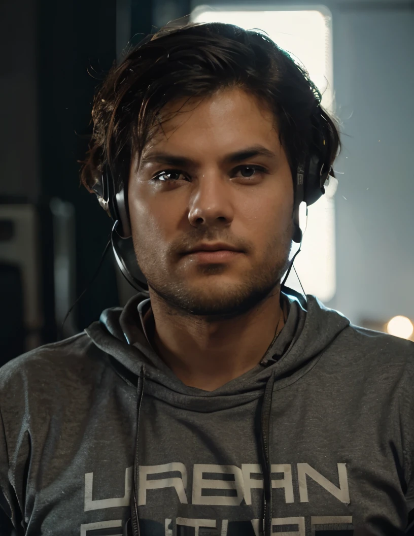 Change background and boy sitting in gaming chair, cyberpunk face quality wear headset 