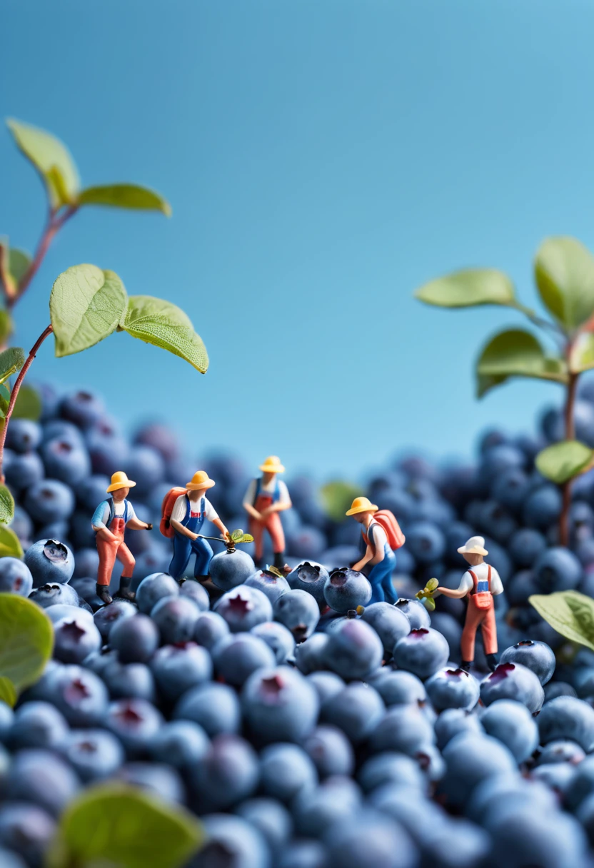 miniature food photography, A group of picking workers, hiking among giant blueberries, blue background, soft color blending,in a surreal photography style, bright studio light, minimalist