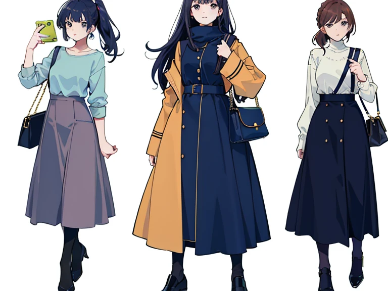 (((Best Quality))) , 4 women, multiple views, white background, variety of hairstyles, autumn outfits, holding bag, walk pose, holding smart phone, looking at another, dark blue/dark orange/dark green/dark violet/brown/white, 
