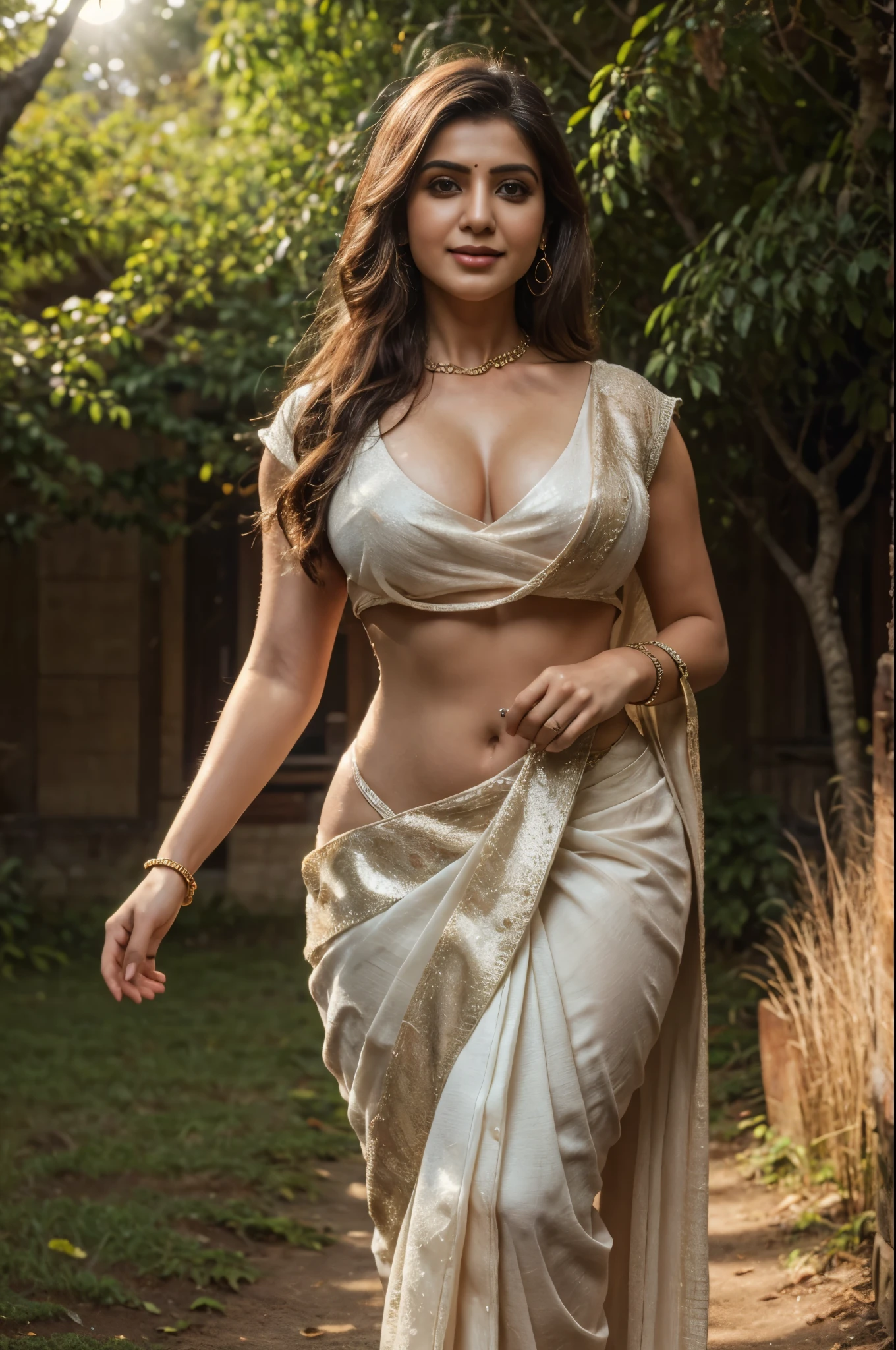 Nsfw. walking in a moonlit courtyard, forest background, mythical forest, huge trees, exotic girl, indian, vivacious, looking at the viewer, shining skin, perfect lighting, the embodiment of grace and elegance, provocative pose, smiling seductively, (saree and jewelry), Big breasts, curvy ass, clear curvy details, beautiful curves, detailed eyes, detailed pupil, long shining hair, volumetric lighting, Ultra Detailed, unity 8k wallpaper, ultra detailed, aesthetic, masterpiece, best quality, photorealistic