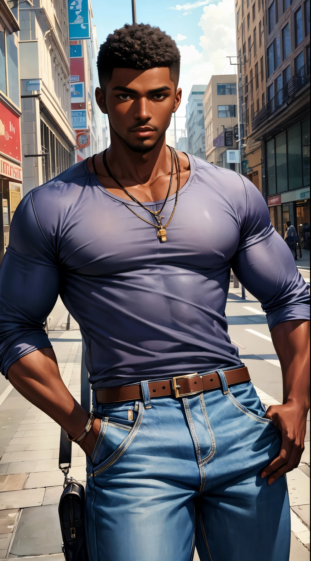 (best quality:1.1),original, 1man,  A handsome man with dark skin, African American man with natural hair, short hair, buzzcut, ebony nose, broad shoulders, tall, masculine, baggy urban clothes and demin jeans, cartoon，anime illustrations, style is abstract beauty, Sundaratang, charming character illustrations, folklore  --ar 2:3 --v 6.0 