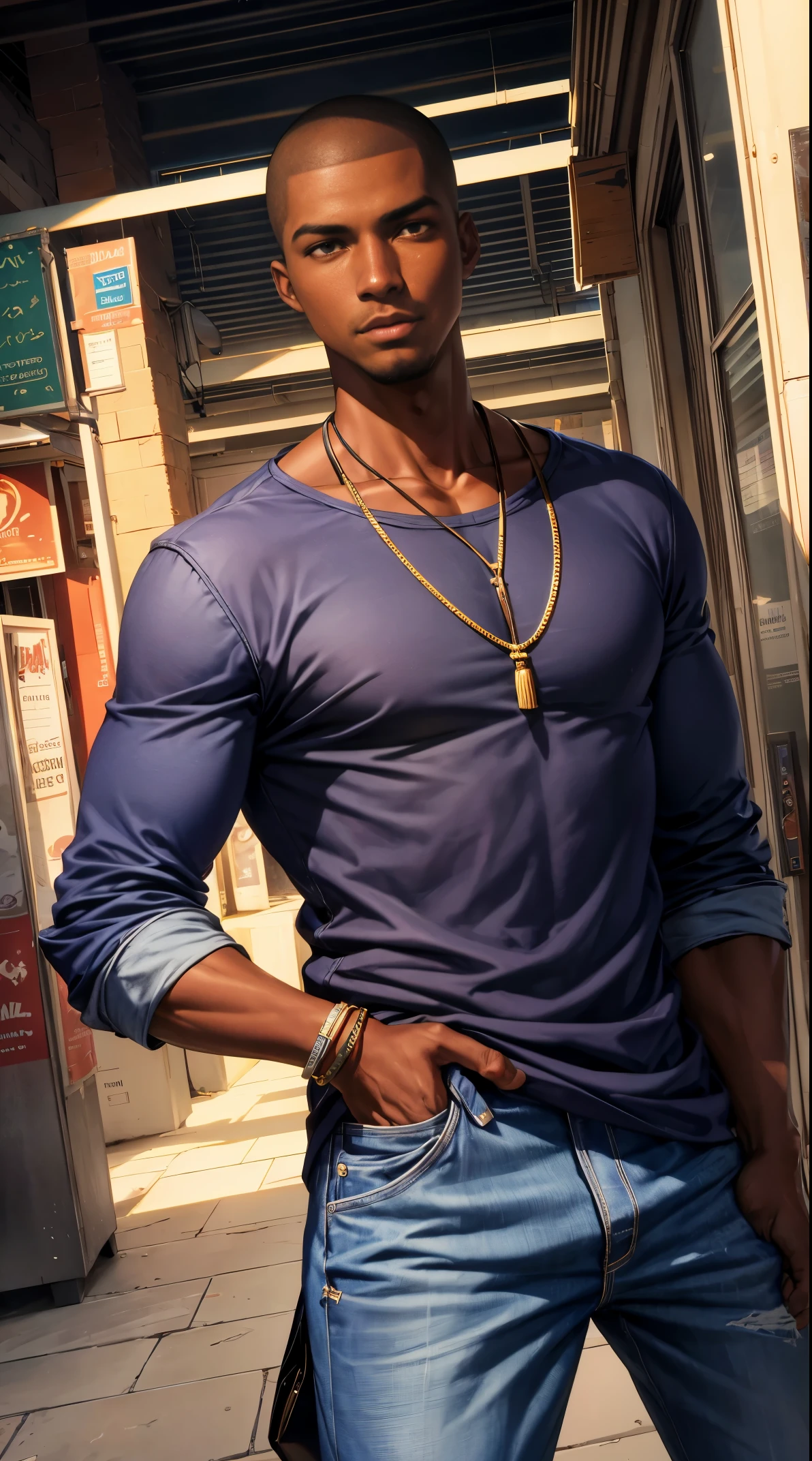 (best quality:1.1),original, 1man,  A handsome man with dark skin, African American man with natural hair, short hair, buzzcut, ebony nose, broad shoulders, tall, masculine, baggy urban clothes and demin jeans, cartoon，anime illustrations, style is abstract beauty, Sundaratang, charming character illustrations, folklore  --ar 2:3 --v 6.0 