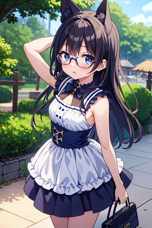 真っ白な袖なしワンピースを着た10代前半の黒髪ロングヘアーGlasses美少女が、frolicking on the sandy beach、shyness、Glasses、standing position、armpit、highest quality、very detailed、anime illustration