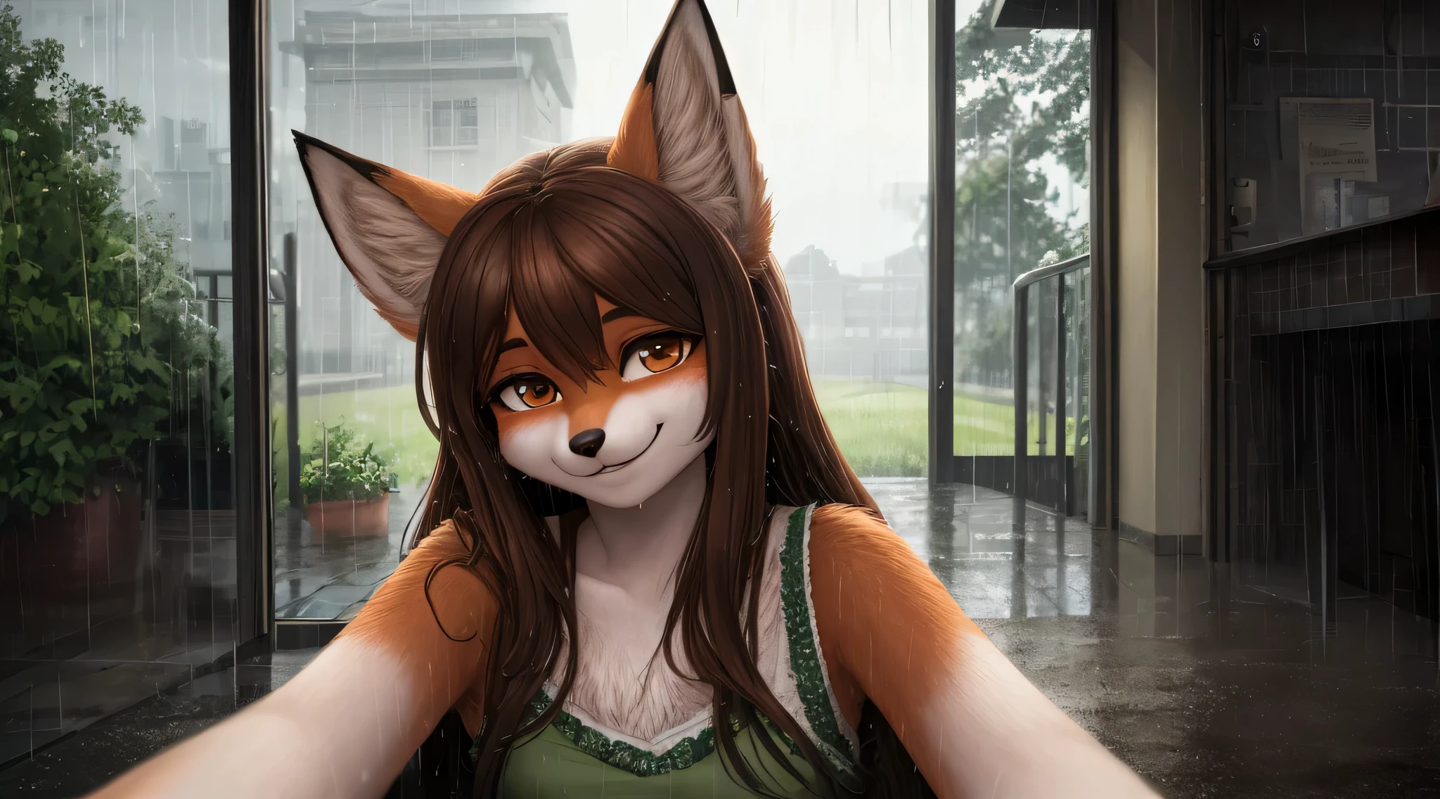 masterpiece, best quality, official art, (High-detail CG unified 8K wallpaper), Detailed background, , First-person perspective, 1, Charming and perfect beautiful fox girl，Hairy limbs，furry ears，furry art, female student, rainy day, It rained heavily, windy, (curved), (long brown hair: 1.12),  Big deal, pretty face, (Smile: 1.11)