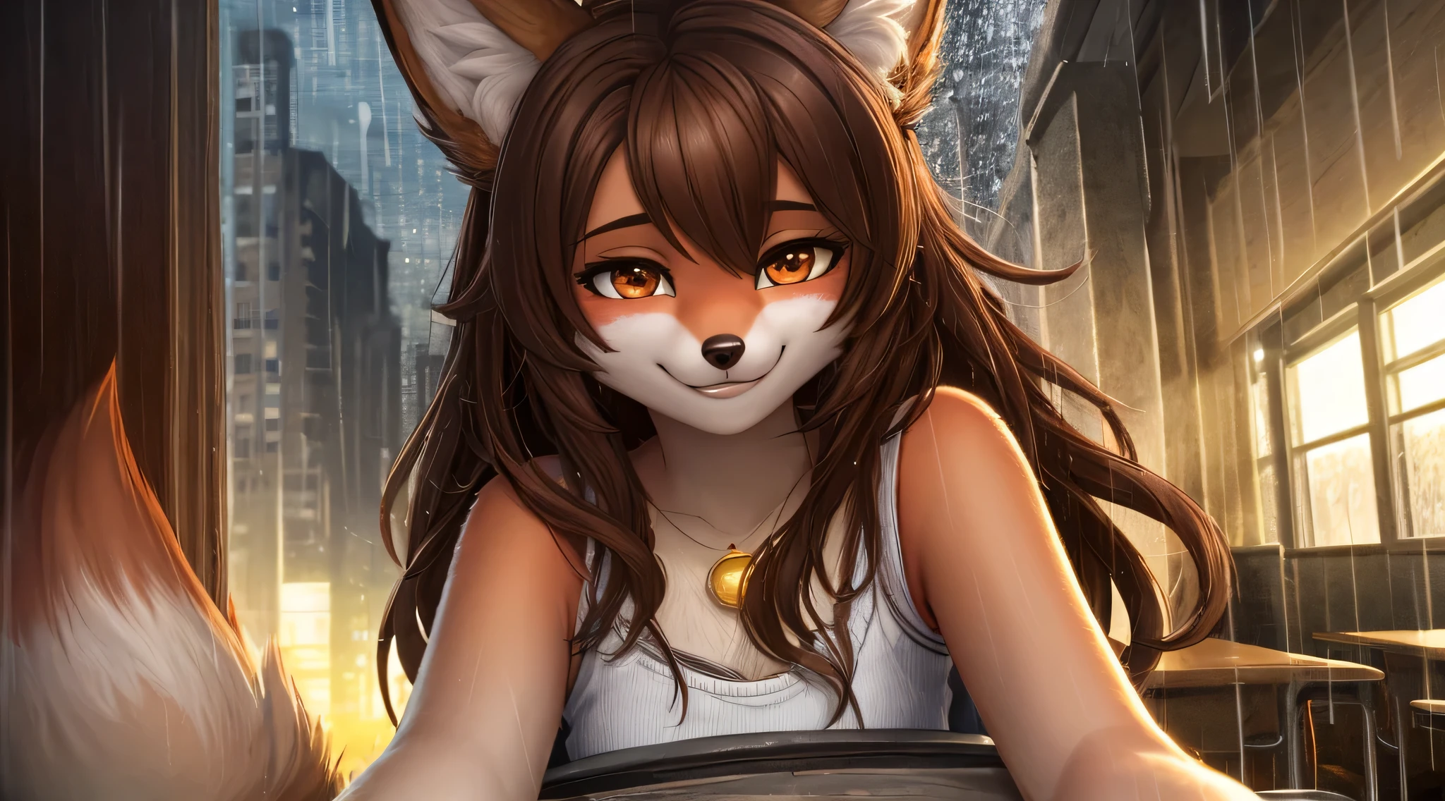 masterpiece, best quality, official art, (High-detail CG unified 8K wallpaper), Detailed background, , First-person perspective, 1, Charming and perfect beautiful fox girl，Hairy limbs，furry ears，furry art, female student, rainy day, It rained heavily, windy, (curved), (long brown hair: 1.12),  Big deal, pretty face, (Smile: 1.11)
