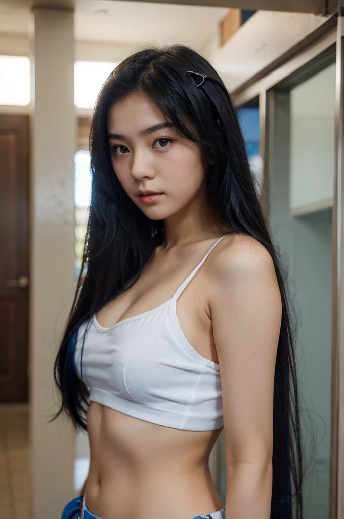 A sexy and beautiful 16-year-old Korean girl with long black hair and bright blue eyes