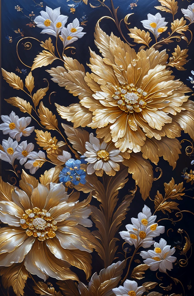 There is a Phoenix painting of flowers with silver leaves, gold flowers, hydrangeas and morning glory, flowers and gold, gilded reliefs, detailed flowers, gorgeous flowers, golden flaky flowers, intricate flowers, chaotic gold leaf flowers, detailed 4K oil painting, stunning and rich details, gilded. Floral, floral. Baroque elements, intricate oil paintings