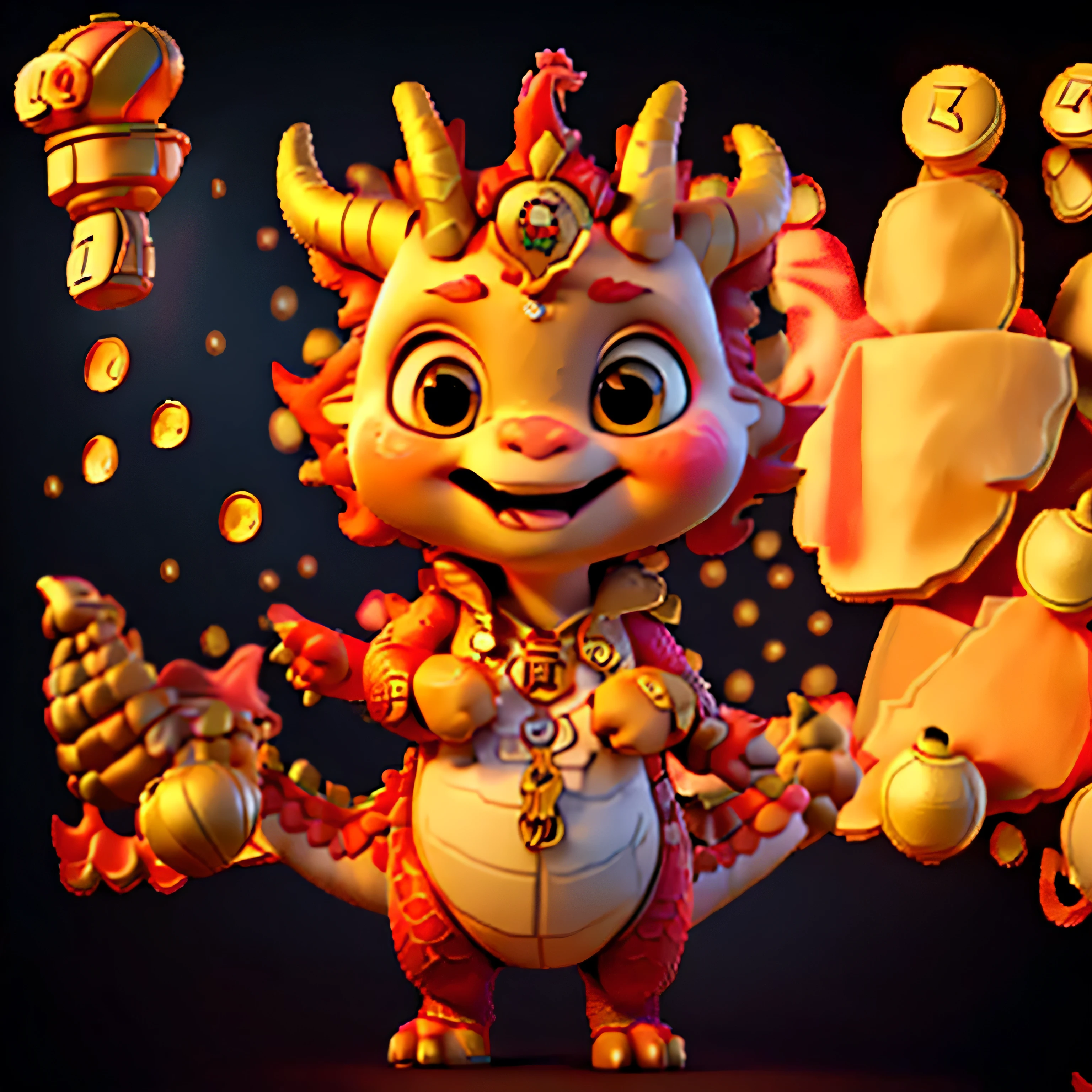 best quality, 8K quality, film level light effect, 3D effect, Overclocked renderer, A cute dragon with a pair of horns on its head, Wear a red coat，Holding a round gold coin in hand, plain red background