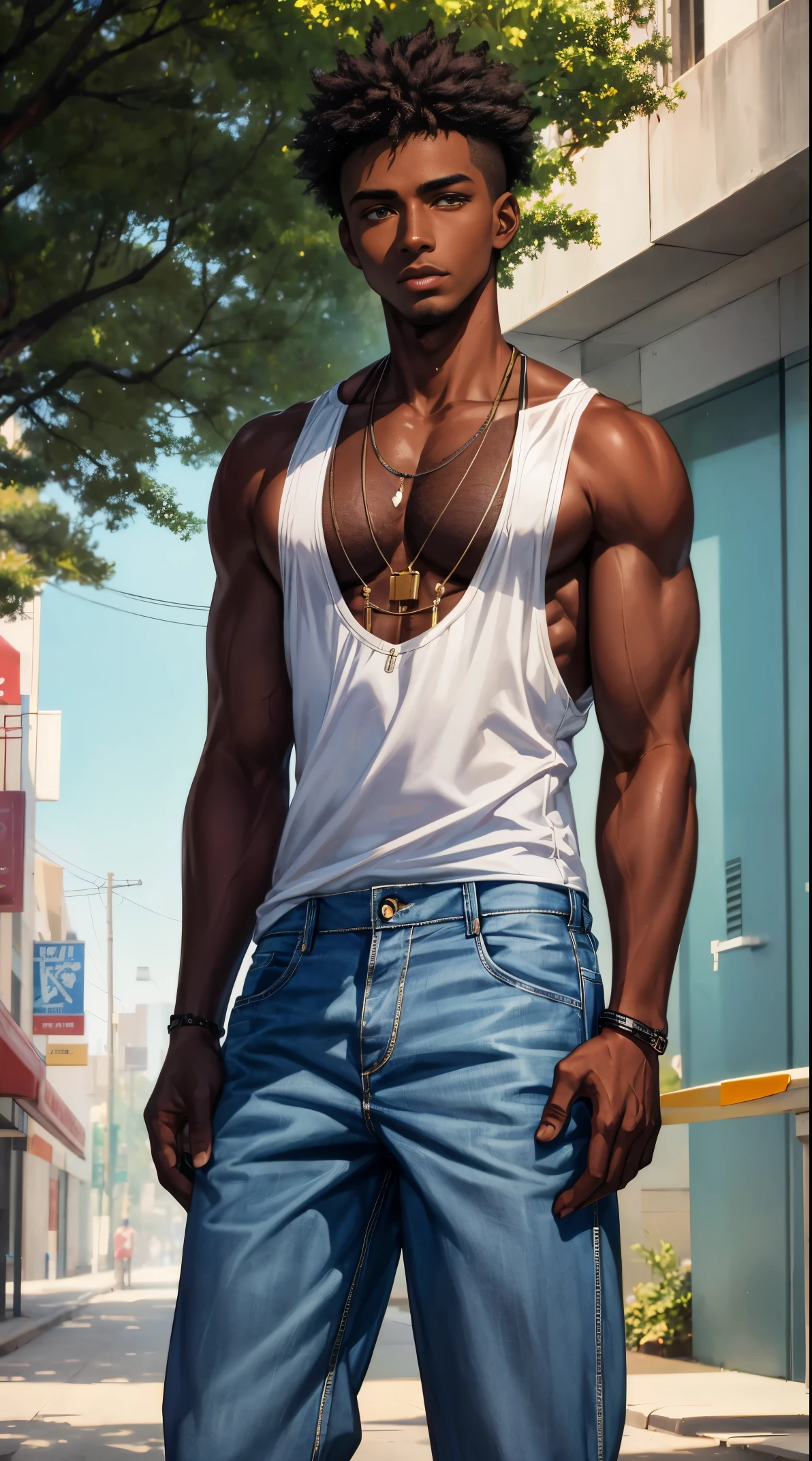 (best quality:1.1),original, 1man,  A handsome man with dark skin, African American man with natural hair, short hair, buzzcut, ebony nose, broad shoulders, tall, masculine, baggy urban clothes and demin jeans, cartoon，anime illustrations, style is abstract beauty, Sundaratang, charming character illustrations, folklore  --ar 2:3 --v 6.0 