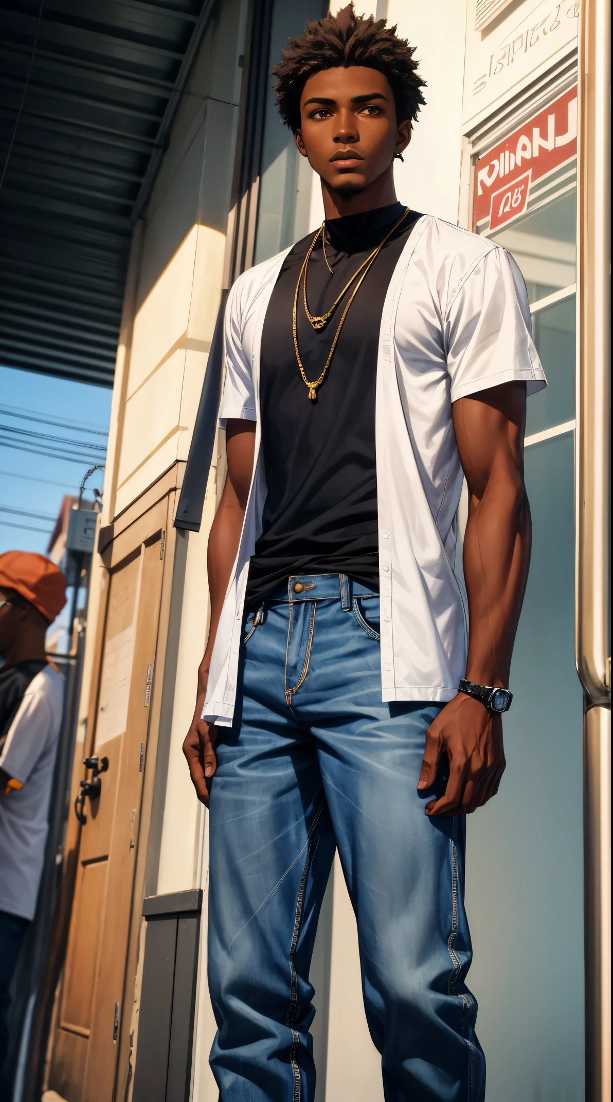 (best quality:1.1),original, 1man, A handsome man with dark skin, African American man with natural hair, short hair, buzzcut, ebony nose, broad shoulders, tall, masculine, baggy urban clothes and demin jeans, cartoon,anime illustrations, style is abstract beauty, Sundaratang, charming character illustrations, folklore --ar 2:3 --v 6.0