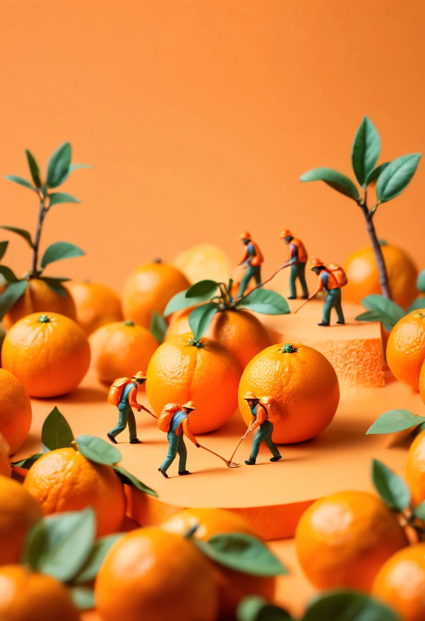 miniature food photography, A group of picking workers, hiking among giant orange, orange background, soft color blending,in a surreal photography style, bright studio light, minimalist