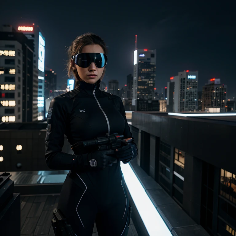 In a high-tech city of the future, a skilled sniper perches on a rooftop, their black suit blending in seamlessly with the sleek buildings around them. With a powerful rifle in their hands and their face barely visible behind a high-tech visor, they take aim at their target with precision and grace. The neon lights of the city reflect off their gun, creating a stunning visual contrast against the dark and moody background