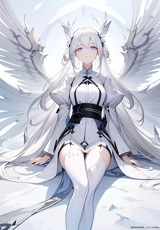 floating in the sky，Hundreds of meters tall，Long white hair that touches the floor，Hundreds of pairs of white wings cover the snow-white body，Spread a pair of wings to cover the sky。White pupils stare at the wanderer，The demeanor is calm，dignified。