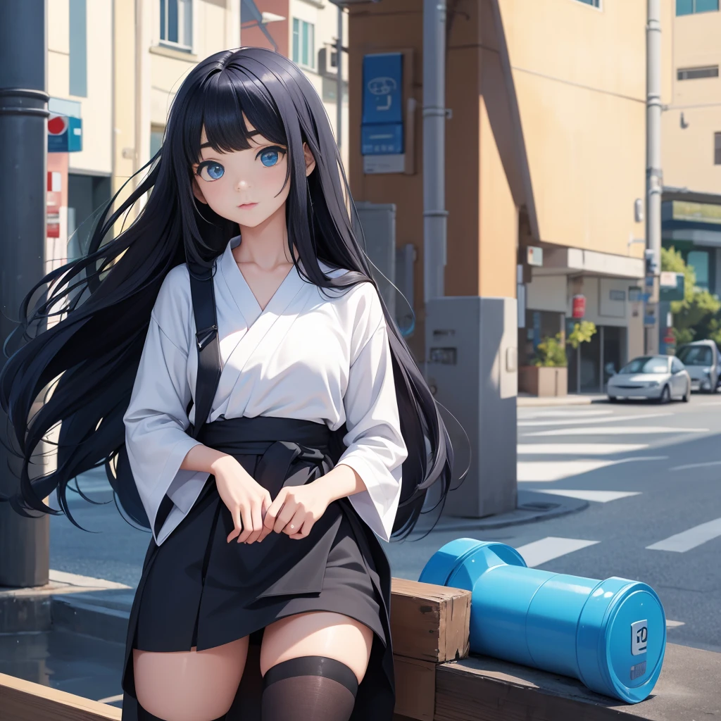 A cute and beautiful 16-year-old Korean girl with long black hair and bright blue eyes