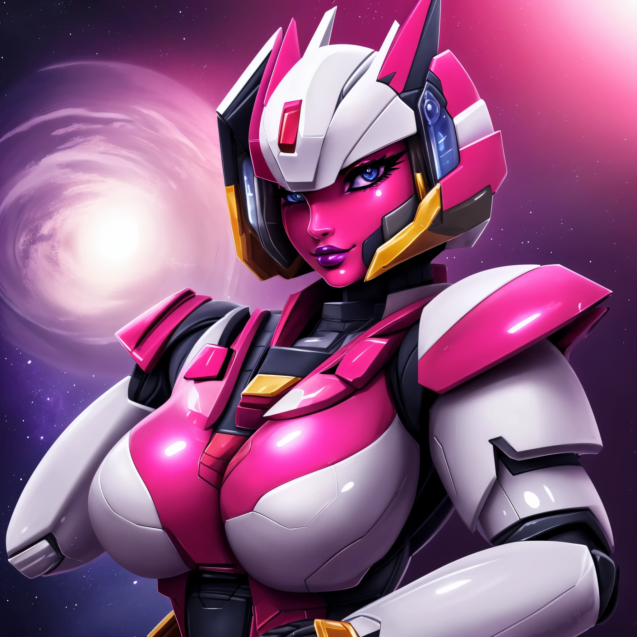 (a curvy woman,beautiful detailed eyes,beautiful detailed lips,extremely detailed eyes and face,longeyelashes,piercing eyes,seductive smile),Gundam pilot suit,sexy giant robot,illustration,ultra-detailed,best quality,HD,studio lighting,professional,vivid colors,portraits,sci-fi,red,purple,pink,soft lighting