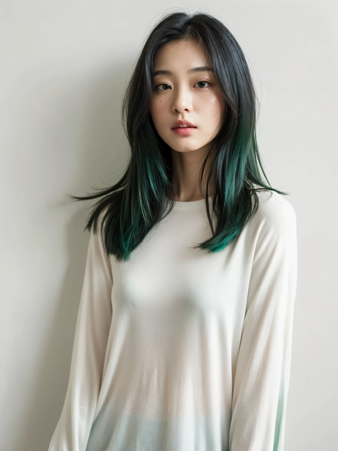 ((White long-sleeved top))、(背景にwhite wall、Part of her hair is emerald green:1.4)、white wall、Taken in front of the white door、(窓のあるwhite wallの部屋)、((highest quality、8K、masterpiece:1.3))、ultra high resolution、(photorealistic:1.4)、raw photos、Japanese,(details face)、real、Shot in natural light、Highly detailed face and skin texture、highly detailed lips、correct state of the human body、medium hair、black hair、various poses、natural color lip、Don't look at the camera
