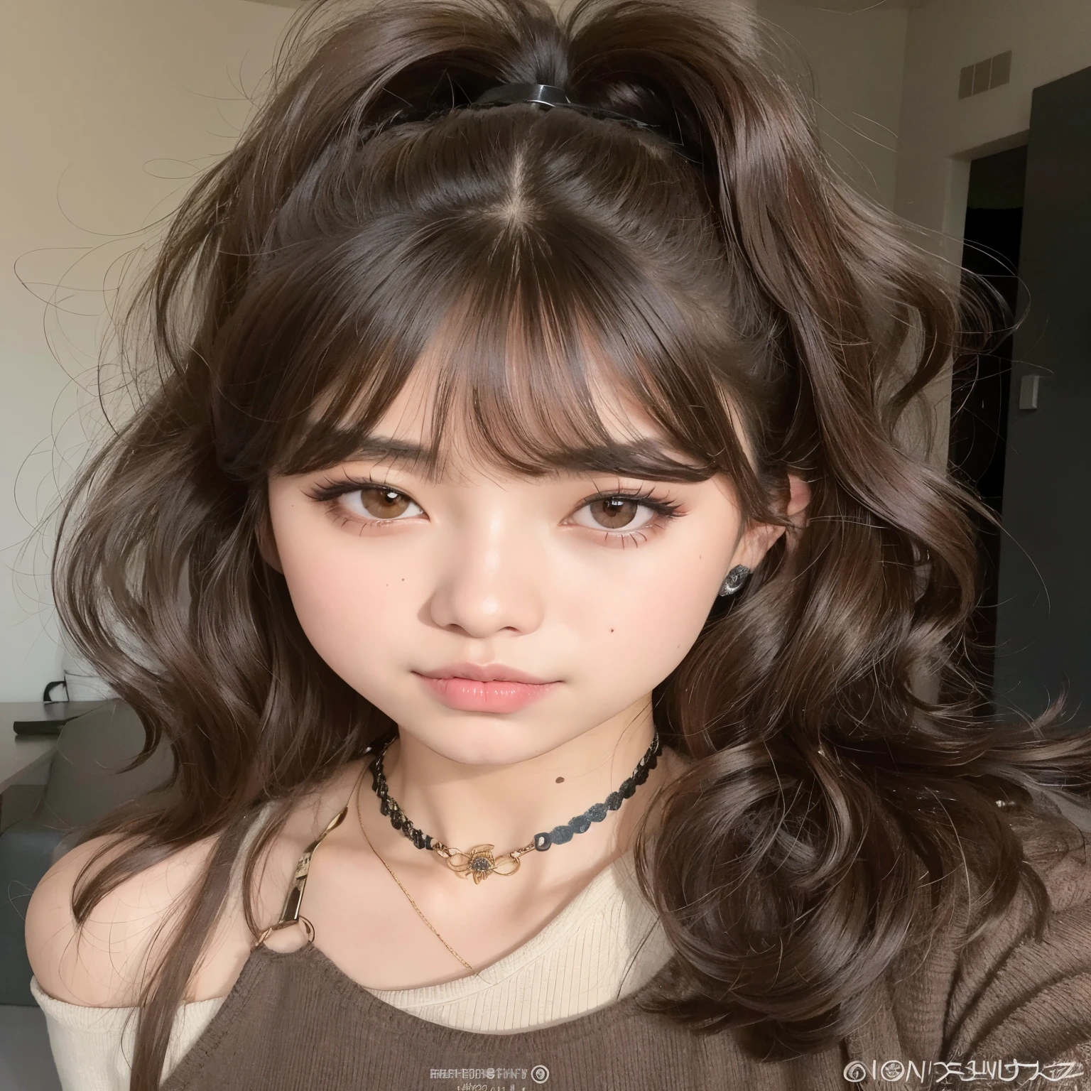 Mujer arafed con cabello largo y un collar con una cruz., ulzzang, flequillo esponjoso, sakimichan, maquillaje popular de corea del sur, maquillaje coreano popular, muchacha coreana, brown hair with bangs, brown hair and bangs, brown bangs, cabello limpio con flequillo, cara sexy con maquillaje completo, joven y adorable rostro coreano, maquillaje suave