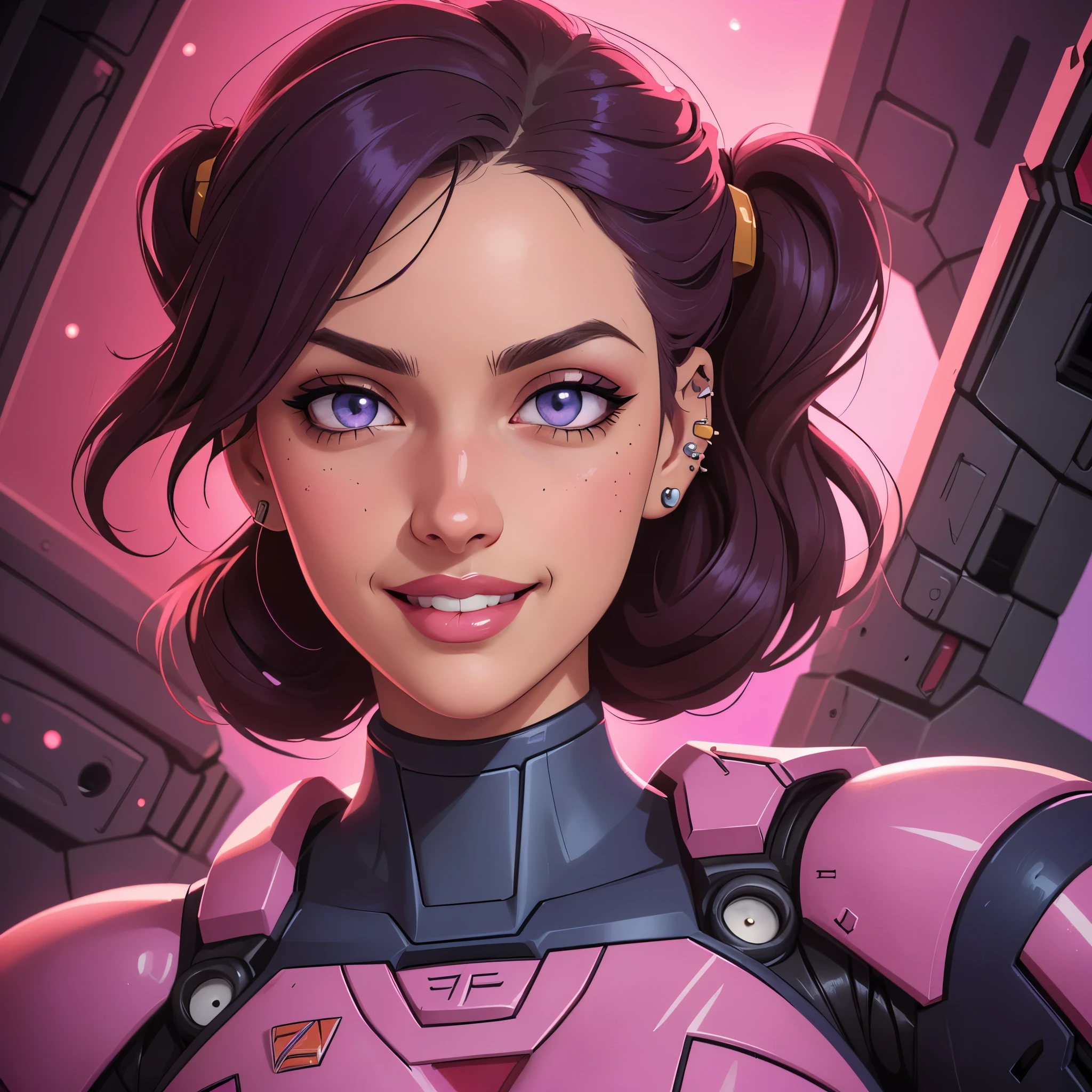 (a curvy woman,beautiful detailed eyes,beautiful detailed lips,extremely detailed eyes and face,longeyelashes,piercing eyes,seductive smile),Gundam pilot suit,sexy giant robot,illustration,ultra-detailed,best quality,HD,studio lighting,professional,vivid colors,portraits,sci-fi,red,purple,pink,soft lighting