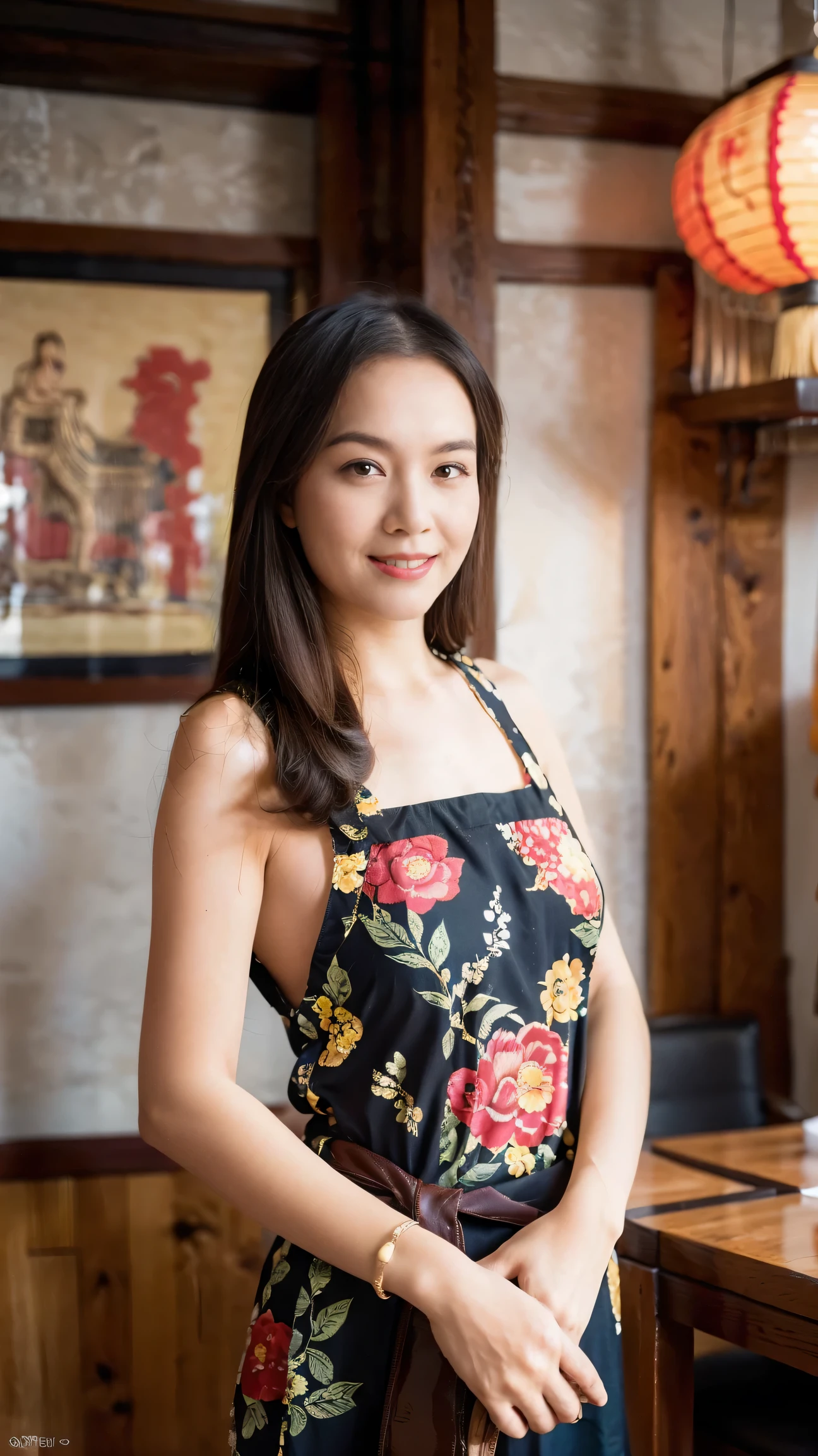 （Super fine，fidelity：1.37），portrait，Chinese restaurant owner，black hair，brown eyes，delicate lips，Put on an apron，confident smile，Neat appearance，Chinese traditional spring clothing，floral pattern，Standing in a brightly lit restaurant，antique wooden furniture，Elaborately carved decoration，Chinese traditional elements，Beautifully painted porcelain plates and teapots，Authentic Chinese cuisine，Vibrant color palette，Defocused lights in the background create a warm and inviting atmosphere