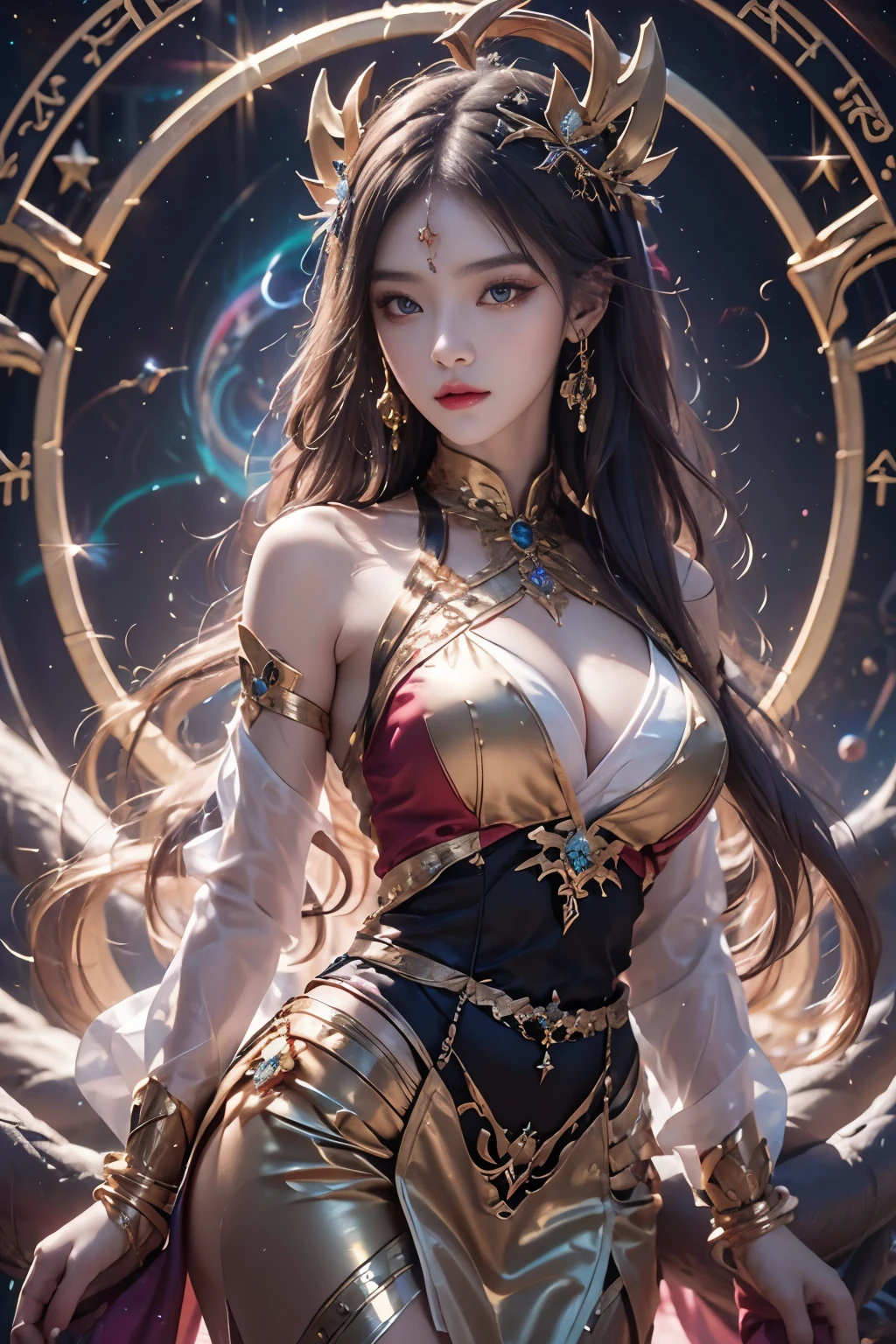 1 goddess of the zodiac from the future, wear the ao dai of the goddess of the zodiac to cover her chest, the goddess of the zodiac wears a bright yellow gold bodice, the goddess radiates a bright pink purple zodiac aura, the stars have the shape of the 12 zodiac signs, the goddess of the zodiac wearing a golden zodiac ao dai with many black details, the mythical goddess of the 12 zodiacs from the future, Zodiac sign ♏, zodiac style, dark and mystic version, Plump boobs, Red lips are balanced and very beautiful, character by karol bak and pino daeni, intricate details, detailed background, many object of background, extra highly detailed, magic lighting, a woman, clearly drawn face, beautiful face and symmetry eyes, big round eyes and very beautiful and detailed makeup, distant focus, silk clothing, mystic adornment, upper body portrait, arms loose, Realistic and vivid photo, (stars that make up the zodiac: 1.7), (zodiac sky background and fantasy portal of space and time: 1.8 ), fiction art, RAW images, style fantasy hanfu, long sleeves that cover 2 hands, 2 outstretched arms,