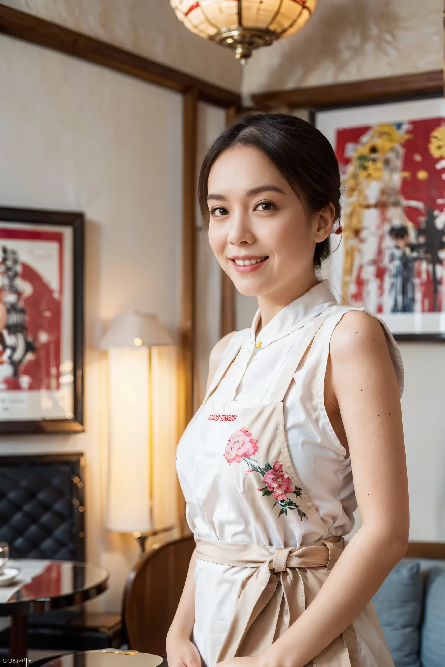 （Super fine，fidelity：1.37），portrait，Chinese restaurant owner，black hair，brown eyes，delicate lips，Put on an apron，confident smile，Neat appearance，Chinese traditional spring clothing，floral pattern，Standing in a brightly lit restaurant，antique wooden furniture，Elaborately carved decoration，Chinese traditional elements，Beautifully painted porcelain plates and teapots，Authentic Chinese cuisine，Vibrant color palette，Defocused lights in the background create a warm and inviting atmosphere