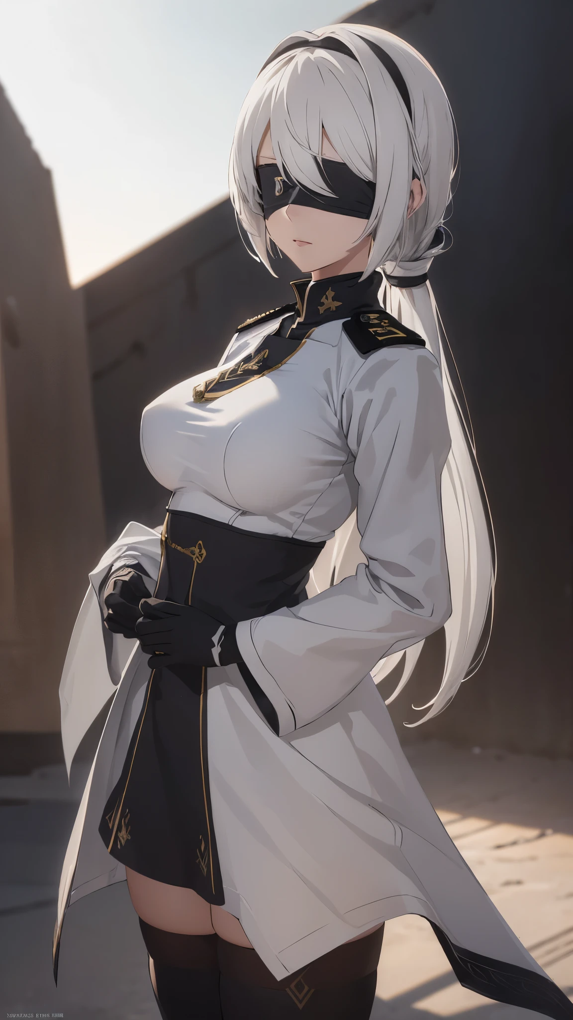 (extremely detailed CG unity 8k wallpaper), (masterpiece), (best quality), (ultra-detailed), (best illustration), (best shadow), (absurdres), 2b, 1girl, long hair, long ponytail, normal size boobs, white hair, blindfold solo, Intimidating women, admiral uniform, night, hero pose, white clothes, General Uniform, Military Uniform, Sunlight, exposed to sunlight,commander, cape, fighting, ((beautiful fantasy girl)), (Master Part: 1.2), Best Quality, High Resolution, photorealestic, photogenic, Unity 8k壁纸, perfect lighting, (perfect arms, perfect anatomy) beatiful face, intricate details, Detalhes realistas, the anime, The Perfect Girl, perfect details, Ultra HD |, 8K, Professional photo(extremely detailed CG unity 8k wallpaper), (masterpiece), (best quality), (ultra-detailed), (best illustration), (best shadow), (absurdres), 2b, 1girl, long hair, long ponytail, normal size boobs, white hair, blindfold solo, Intimidating women, admiral uniform, night, hero pose, white clothes, General Uniform, Military Uniform, Sunlight, exposed to sunlight, commander, black clothes, sunkissed, sunset background