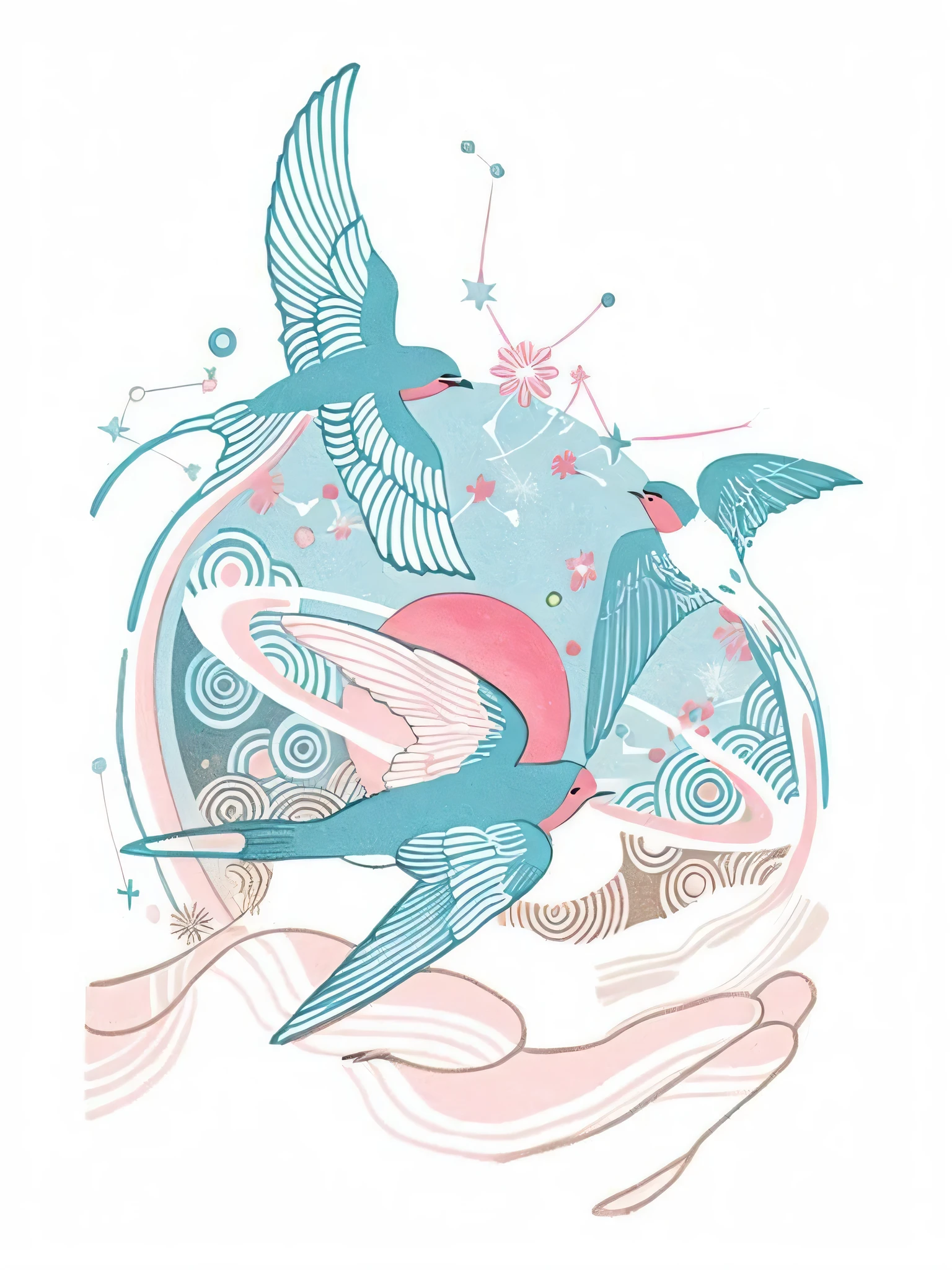 Two birds fly over a person'of hands, mystical birds, 以异想天开的风格进行illustration, serene illustration, dreamy illustration, vignette illustration, a beautiful artwork illustration, by Nathan Wyburn, illustration, fictional bird flying, illustration!, intricate illustration, author:Caroline Charriot Dyers, intricate detailed illustration, by Jesse Richards, colored illustration for tattoo