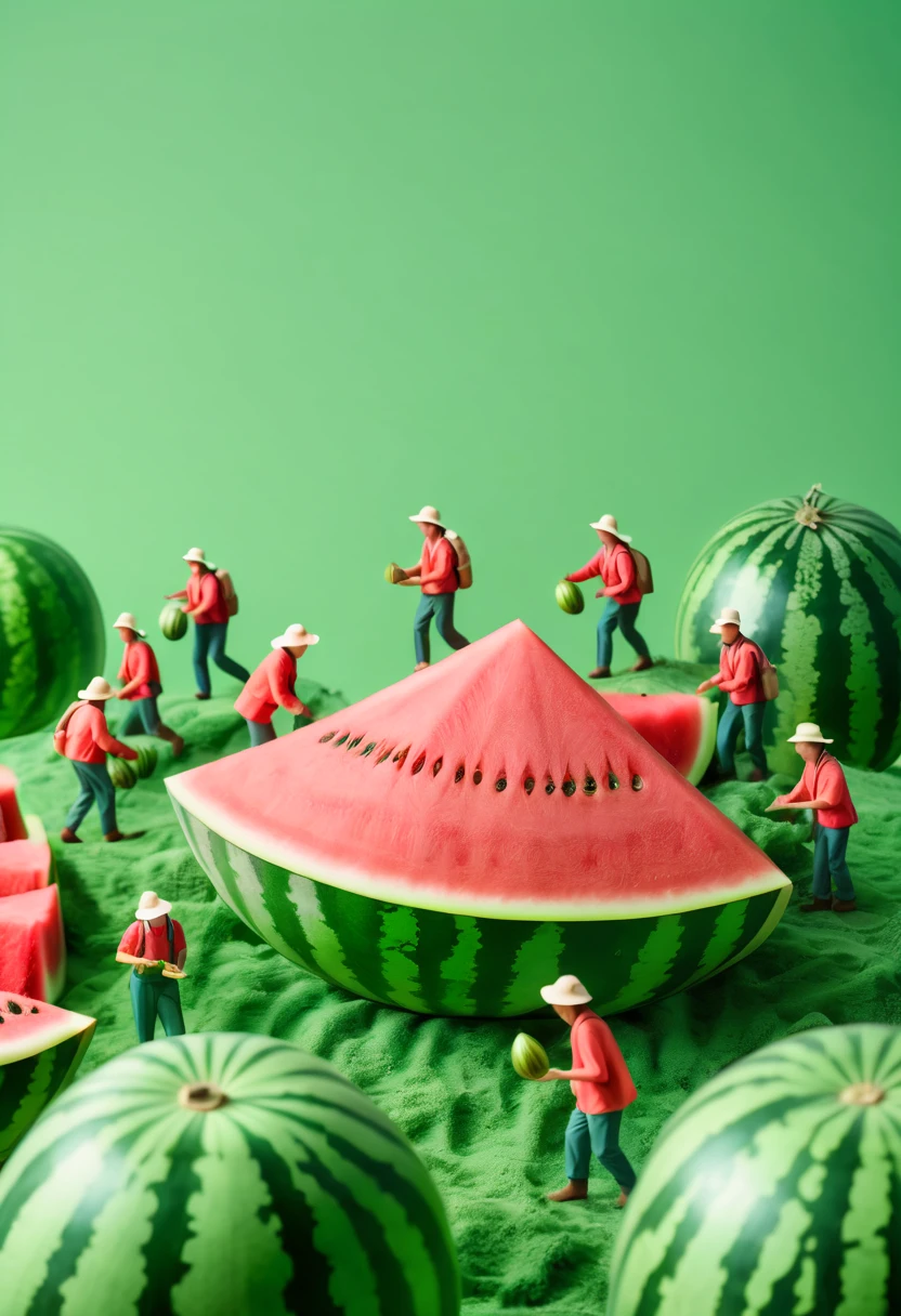 miniature food photography, A group of picking workers, hiking among giant watermelon, green background, soft color blending,in a surreal photography style, bright studio light, minimalist