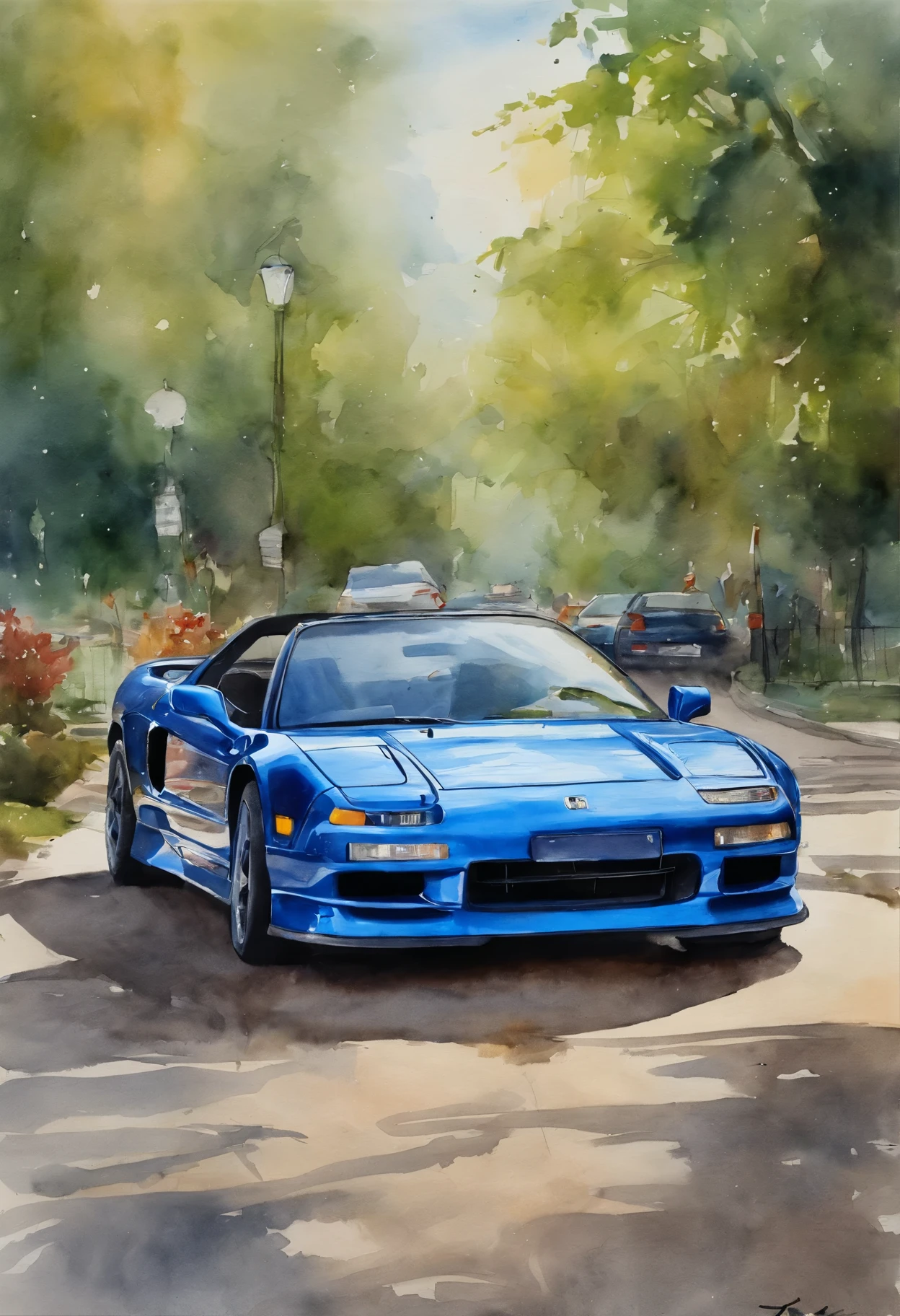 realistic (honda nsx| |) Blue metallic body with carbon bonnet, in the park in front of my house、break，With a sexy girl sitting next to the hood