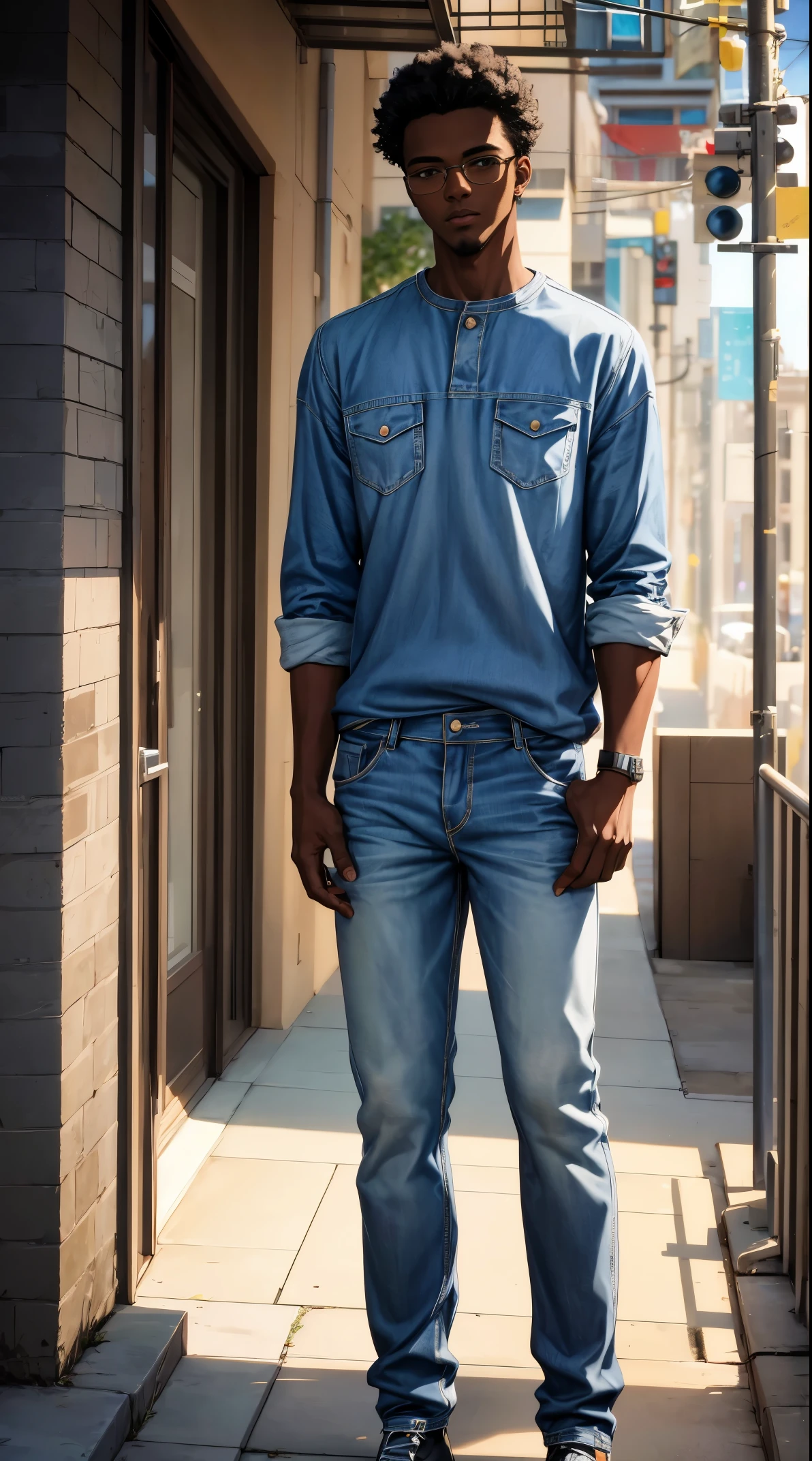 (best quality:1.1),original, 1man, A handsome man with dark skin, African American man with natural hair, short hair, buzzcut, ebony nose, broad shoulders, tall, masculine, baggy urban clothes and demin jeans, cartoon,anime illustrations, style is abstract beauty, Sundaratang, charming character illustrations, folklore --ar 2:3 --v 6.0