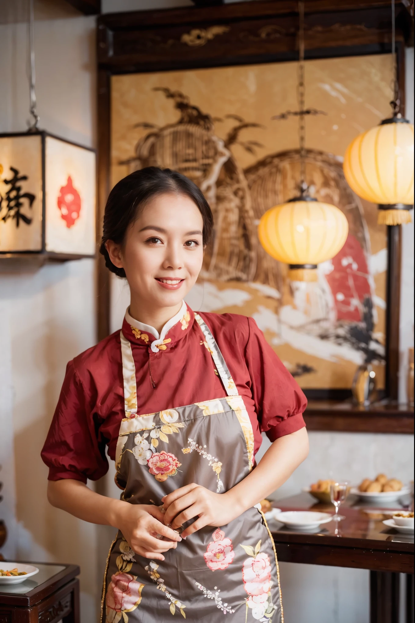 (Super fine,fidelity:1.37),portrait,Chinese restaurant owner,dark hair,brown eyes,delicate lips,Tie an apron,confident smile,well groomed appearance,Chinese traditional spring clothes,floral pattern,Standing in a brightly lit restaurant,antique wooden furniture,Elaborately carved decoration,Chinese traditional elements,Beautifully painted porcelain plates and teapots,Authentic Chinese cuisine,Vibrant color palette,Defocused lights in the background create a warm and inviting atmosphere