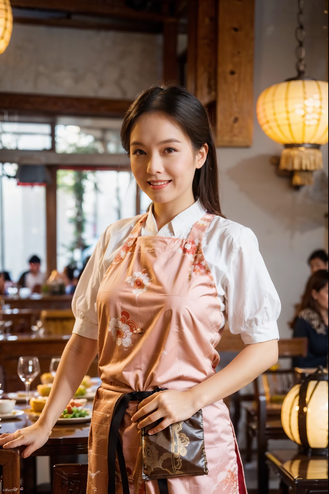 (Super fine,fidelity:1.37),portrait,Chinese restaurant owner,dark hair,brown eyes,delicate lips,Tie an apron,confident smile,well groomed appearance,Chinese traditional spring clothes,floral pattern,Standing in a brightly lit restaurant,antique wooden furniture,Elaborately carved decoration,Chinese traditional elements,Beautifully painted porcelain plates and teapots,Authentic Chinese cuisine,Vibrant color palette,Defocused lights in the background create a warm and inviting atmosphere
