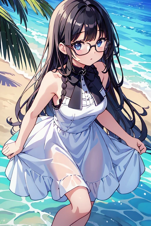 真っ白な袖なしワンピースを着た10代前半の黒髪ロングヘアーGlasses美少女が、frolicking on the sandy beach、shyness、Glasses、standing position、white dress、armpit、highest quality、very detailed、anime illustration
