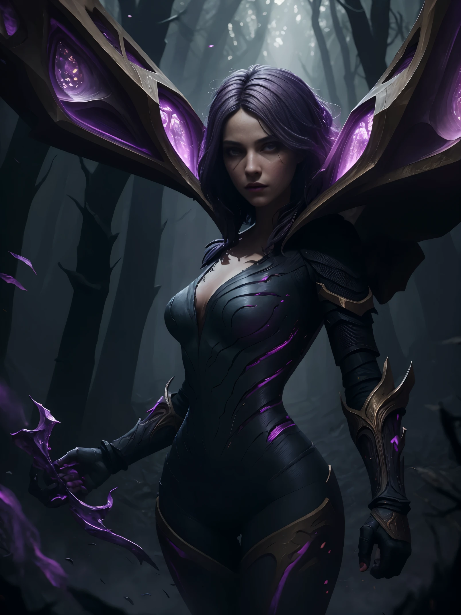 (Gray gloomy background, Dark Forest. Gloomy and hopeless, Dark dramatic lighting, vignette), 1girl, Anthony, League of Legends, control, Purple wings, dark violet hair, violet eyes, serious expression, looking at the audience, (dynamicpose), (Wings of the Void), arma, Masterpiece, extremely detailed CG unity 8k wallpaper, Best Quality, 12), Clear Focus, Aperture, Void Field, A surge of dark magic, gotik, Burnt purple gradient, Magic, Nature, Magic Splash, 3D vector graphics, Fantasy art, watercolor effect, bokeh, hand-drawn, Digital Painting, soft-lighting, isometric style, retro aesthetics, 4k resolution, с Cinema 4D, natural lighting, Cinematic, Masterpiece, Highly detailed, Intricate, Extreme textures, Horror, terrific, Creepy, Scarimok a sense of sophistication and tranquility. Accentuate the low-poly style, The overall aesthetic should be sleek and stylish, which makes it suitable for branding and logo.