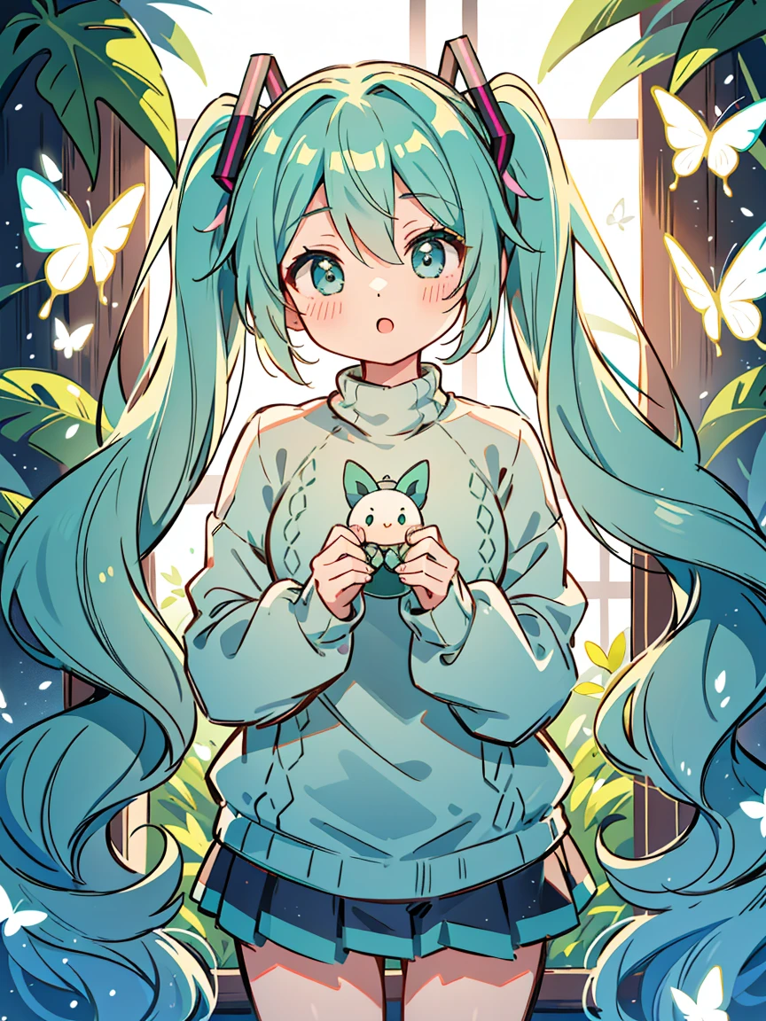 {{highest quality}}, {{masterpiece}}, {{super detailed}}, {figure}, {detailed light}, Hatsune Miku, little、butterfly, sweater, long sleeve, green sweater,twin tails,change,cute,cute