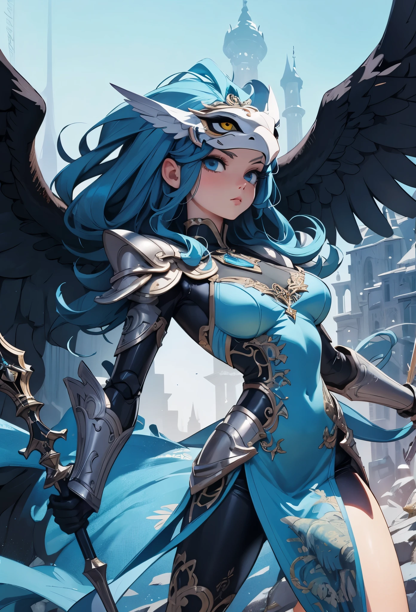 ((Highly accurate drawing in every detail)Extremely precise depiction)[High resolution],(detailed illustrations,Very detailed and precise drawing,Delicate drawn lines with tempo,Realistic texture expression),[color traced main line],(Fantasy World Battlefield Background [burning castle]),(GIRL ROBOT (blue wild eagle [(Mask of God) [[METALFACE[clear lenticular iris]]]]) (SKINNY)) [WEAPON MACHINE [battle shaman]],[Beautifully decorated arms and legs [(Graceful figure)feather dress]],eagle pattern,[use a spear as a weapon],[[Mobile Weapon Gigant Size][science fiction mechanical]],(intricate and beautiful decoration [Dense detail]),[transparency],(Precisely drawn face)[完璧な目のdetailed(Beautifully detailed iris)[Eyes like deep jewels]],[long and beautiful eyelashes],[precisely drawn hair [美しく艷やかな髪のdetailed]],(完璧な手のdetailed [Beautiful fingers with no damage [beautiful nails]]),(perfect anatomy(perfectly balanced proportions))[[full body portrait]],[ideal color coordination(Accurate simulation of light and material interactions)],([Precision Detail](detailed,High definition)),[Visual art that tells a story].