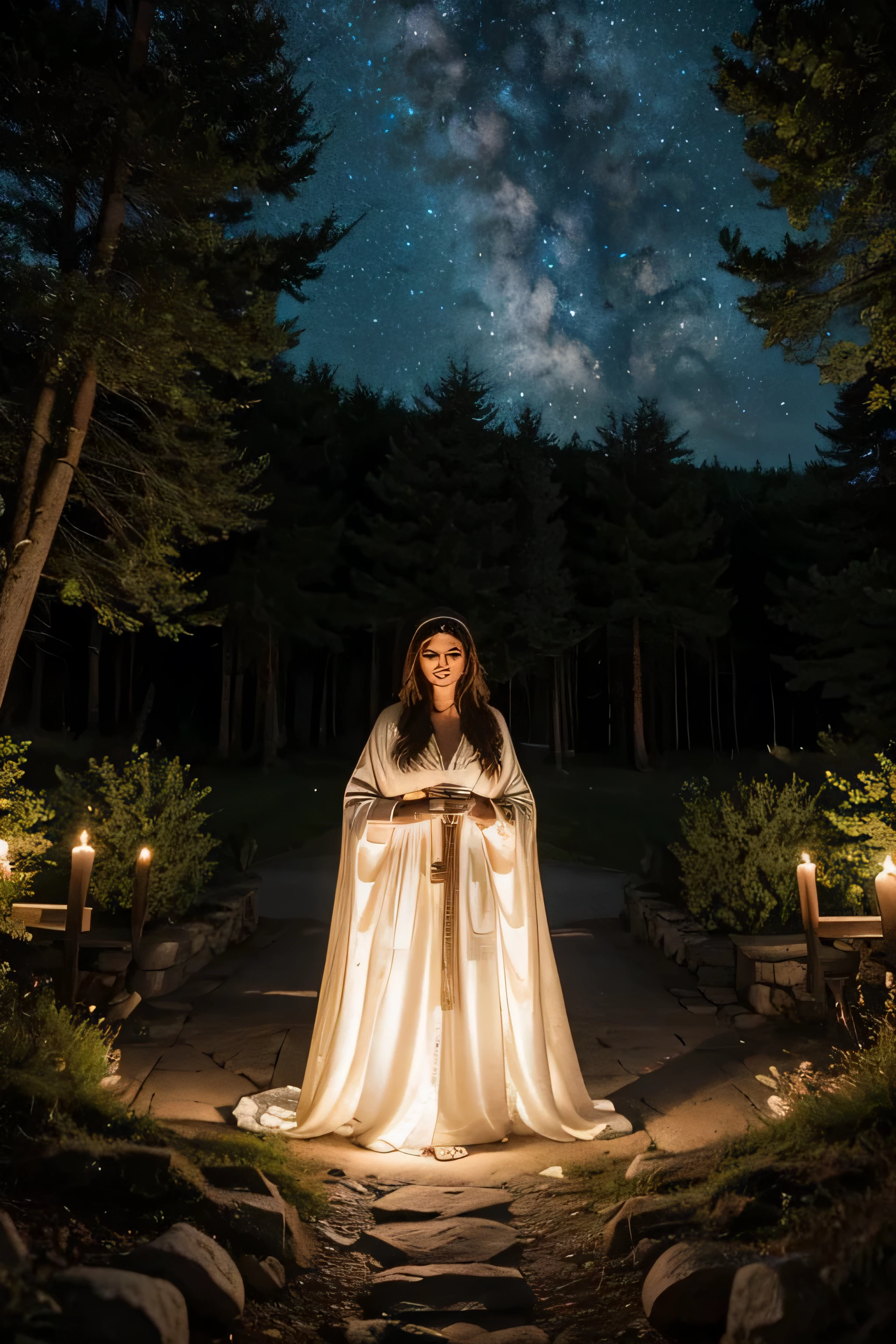  I want to wear a fancy robe covered in stars and dispense confusing and ambiguous advice to passing travelers from a large stone cottage on the edge of the woods, a beautiful woman with flowing robes, looking at the camera, all around covered in star light