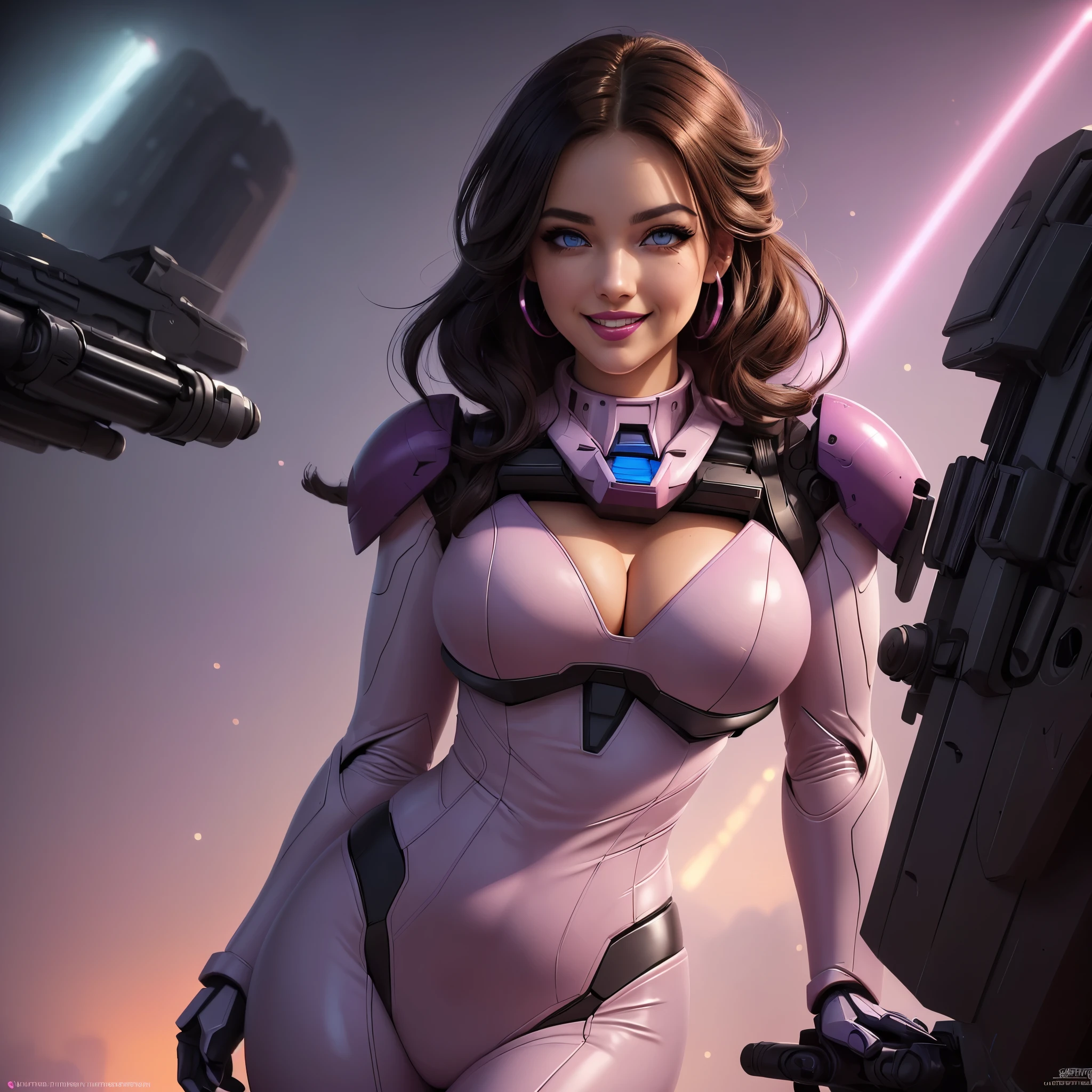 (a curvy woman,beautiful detailed eyes,beautiful detailed lips,extremely detailed eyes and face,longeyelashes,piercing eyes,seductive smile),Gundam pilot suit,sexy giant robot,illustration,ultra-detailed,best quality,HD,studio lighting,professional,vivid colors,portraits,sci-fi,red,purple,pink,soft lighting