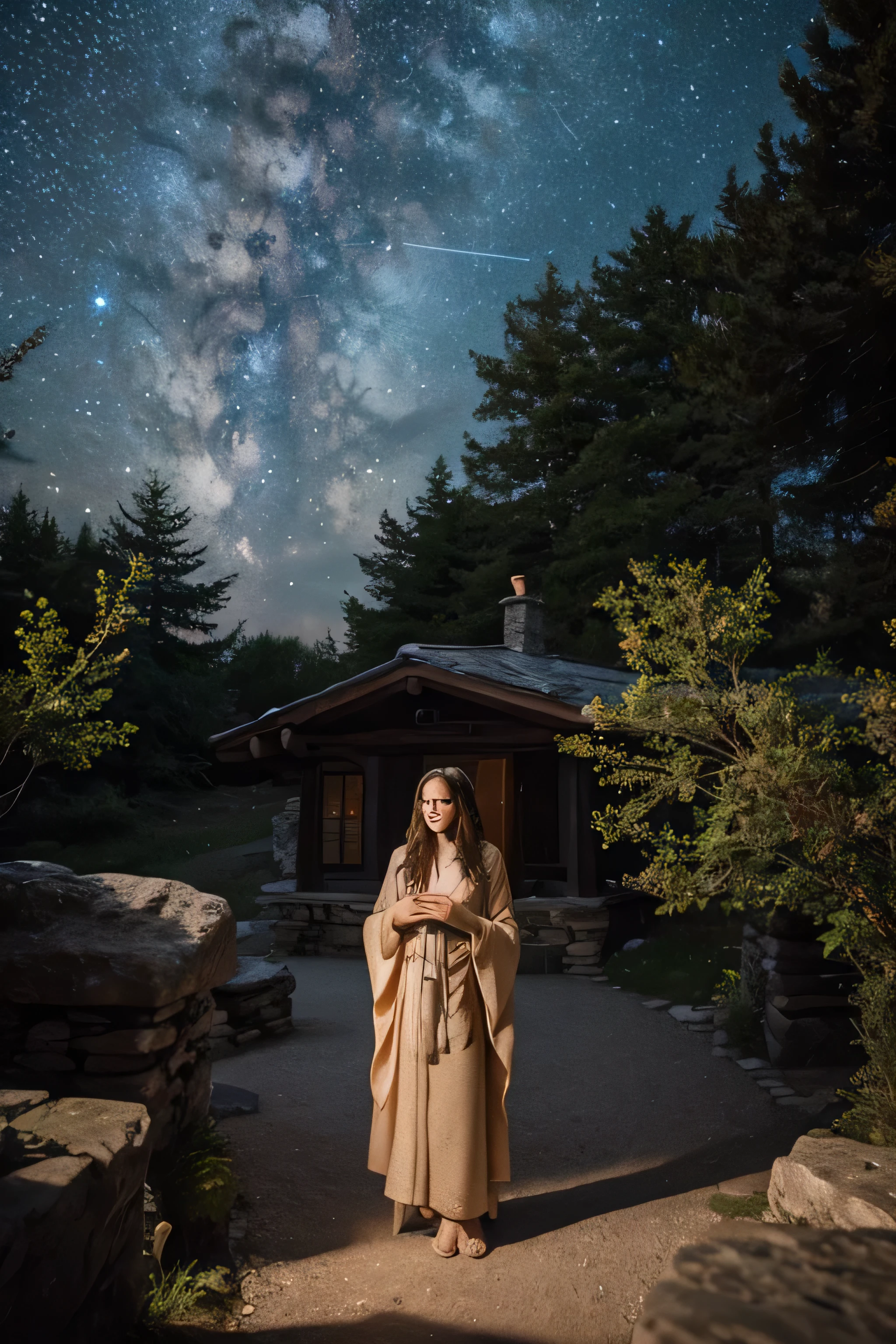 I want to wear a fancy robe covered in stars and dispense confusing and ambiguous advice to passing travelers from a large stone cottage on the edge of the woods, a beautiful woman with flowing robes, looking at the camera, all around covered in star light